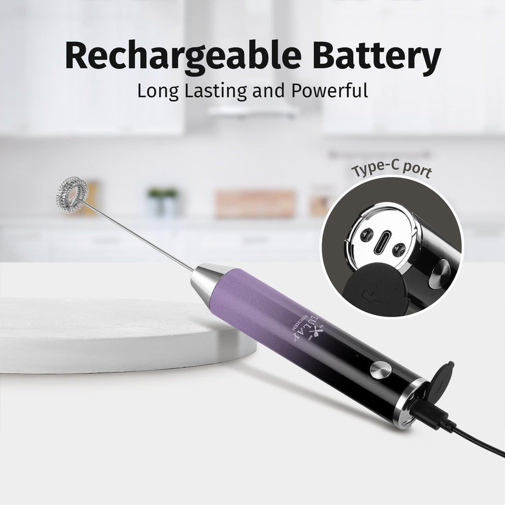Zulay Kitchen Rechargeable Milk Frother Handheld - Frother Wand, Drink Mixer, Electric Whisk Frother, for Cappuccinos, Matcha & Protein Powder - Lux Double Whisk 2 Speed Waterproof 2000mAh Purple