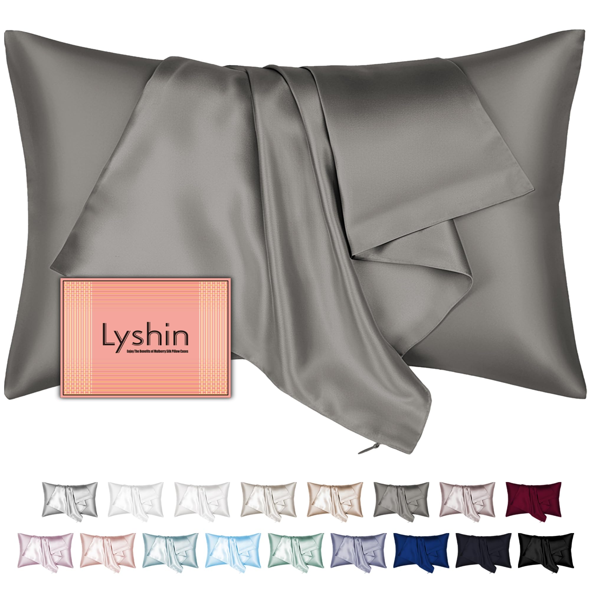 LYSHIN Silk Pillow Cases Standard Size with Hidden Zipper, Dark Grey