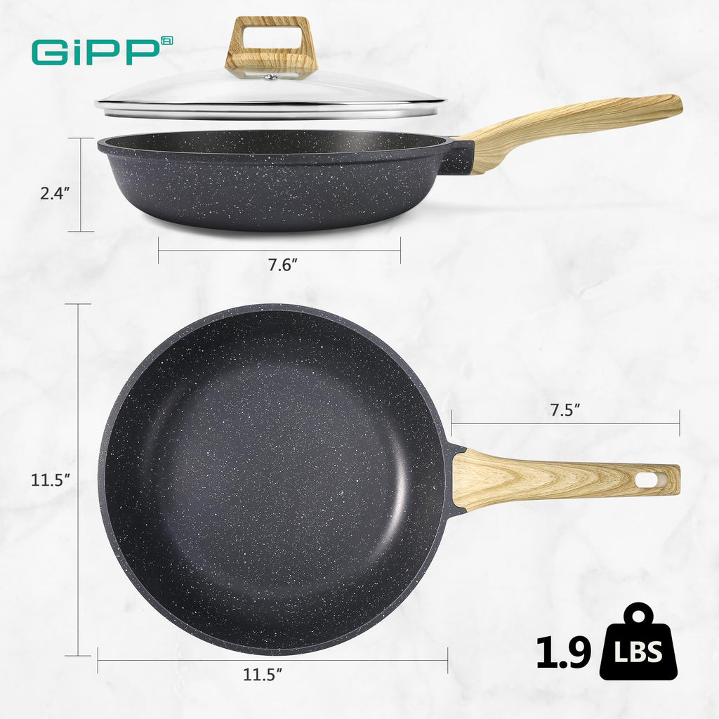 GiPP Nonstick Frying Pan Skillet with Lid - 11" Grey Granite Non Stick Pans, Omelette Pan with Heat-Resistant Handle, Compatible with All Stovetops, PFOA Free
