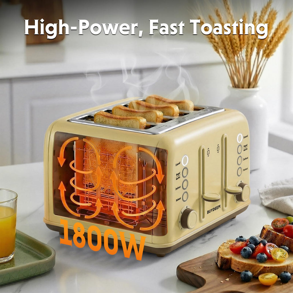 BUYDEEM DT640 4-Slice Toaster, 7 Shade Settings, Extra Wide 1.5’’ Slots for Bagel & English Muffin, 6 Toasting Functions, Retro Stainless Steel Toaster with High Lift Lever, 1800W, Yellow
