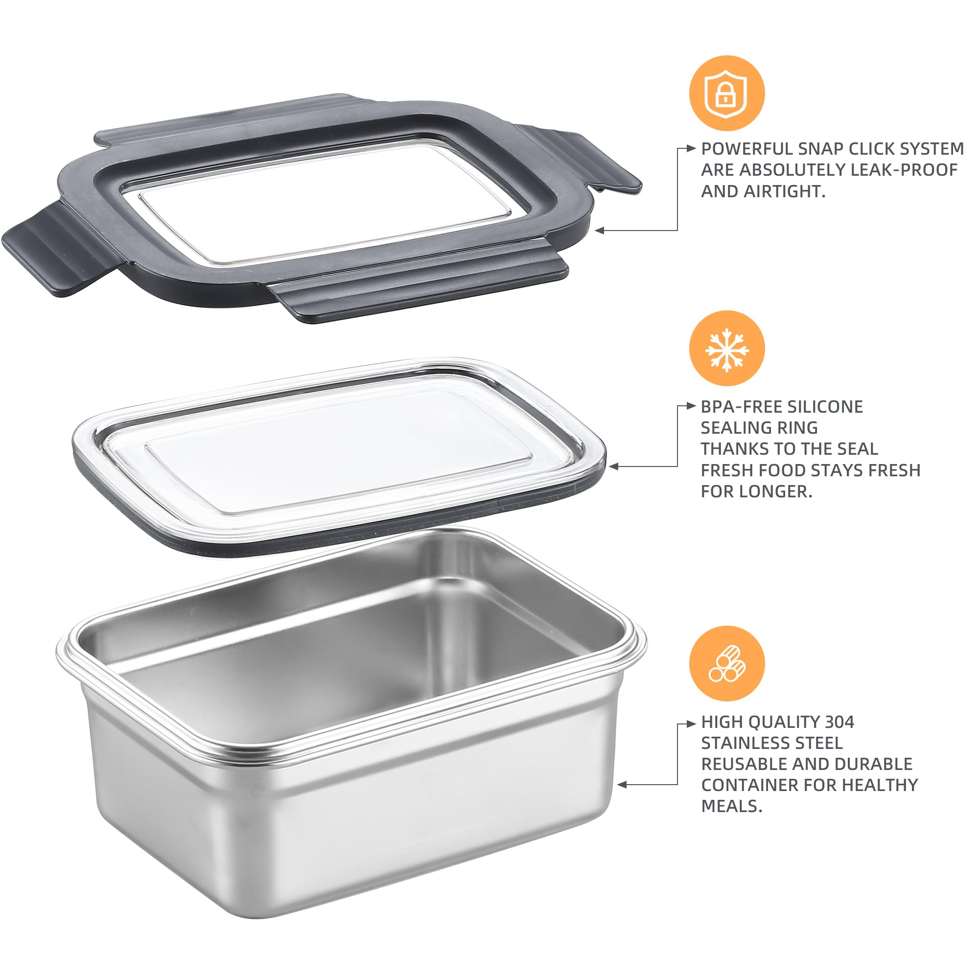 BEFOY Stainless Steel Food Storage Containers with Lids Airtight Bento Lunch Box for Kitchen Leak Proof Meal Prep Stackable Set of 3(450/1100/2500)