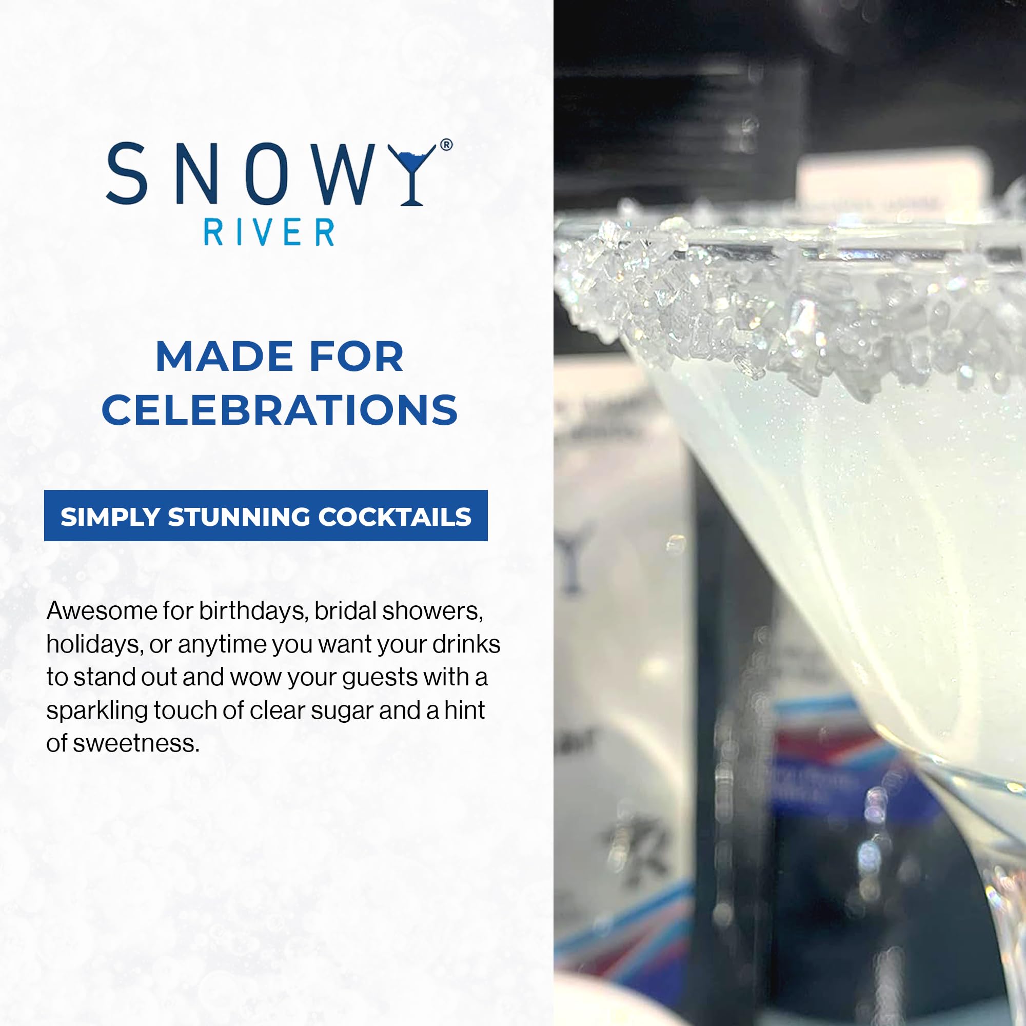 Snowy River Clear Cocktail Sugar - - Vibrant Naturally Colored Sugar for Cocktail Rimming, Baking & Decorating, Medium Crystal (8oz, Medium Crystal)