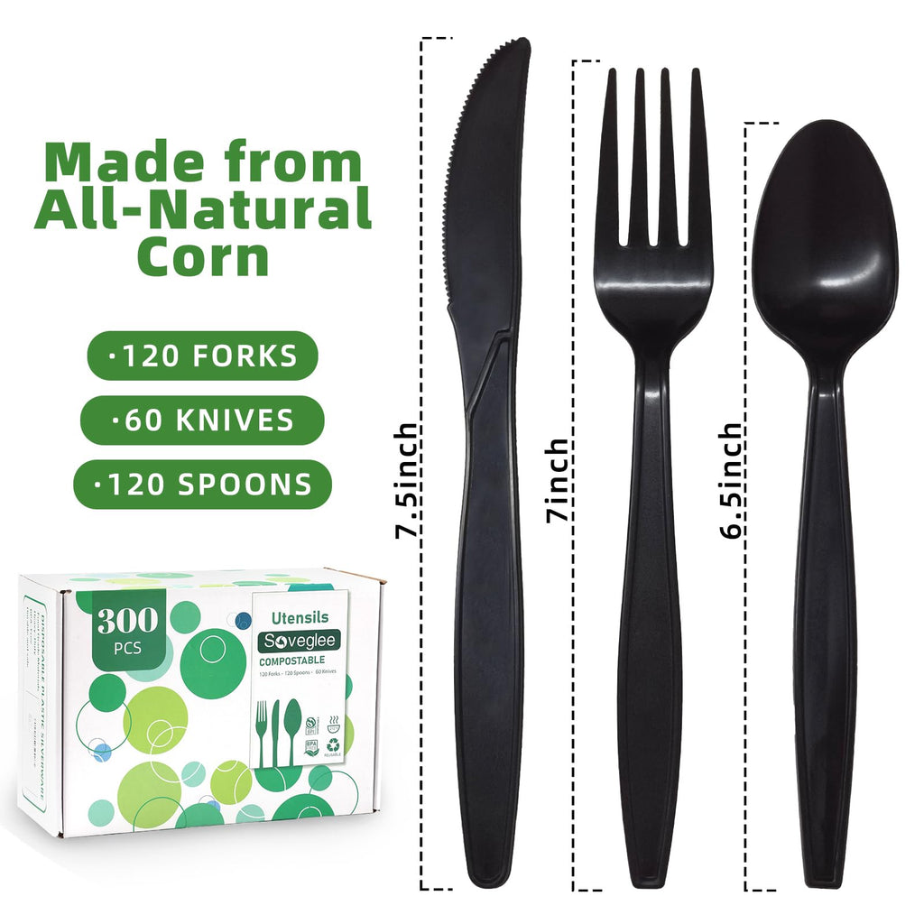300-Piece Compostable Utensils Set (120 Forks, 120 Spoons, 60 Knives), Heavy Duty Black Disposable Cutlery, Premium Cornstarch Plant-Based Silverware for Wedding, Party & Catering
