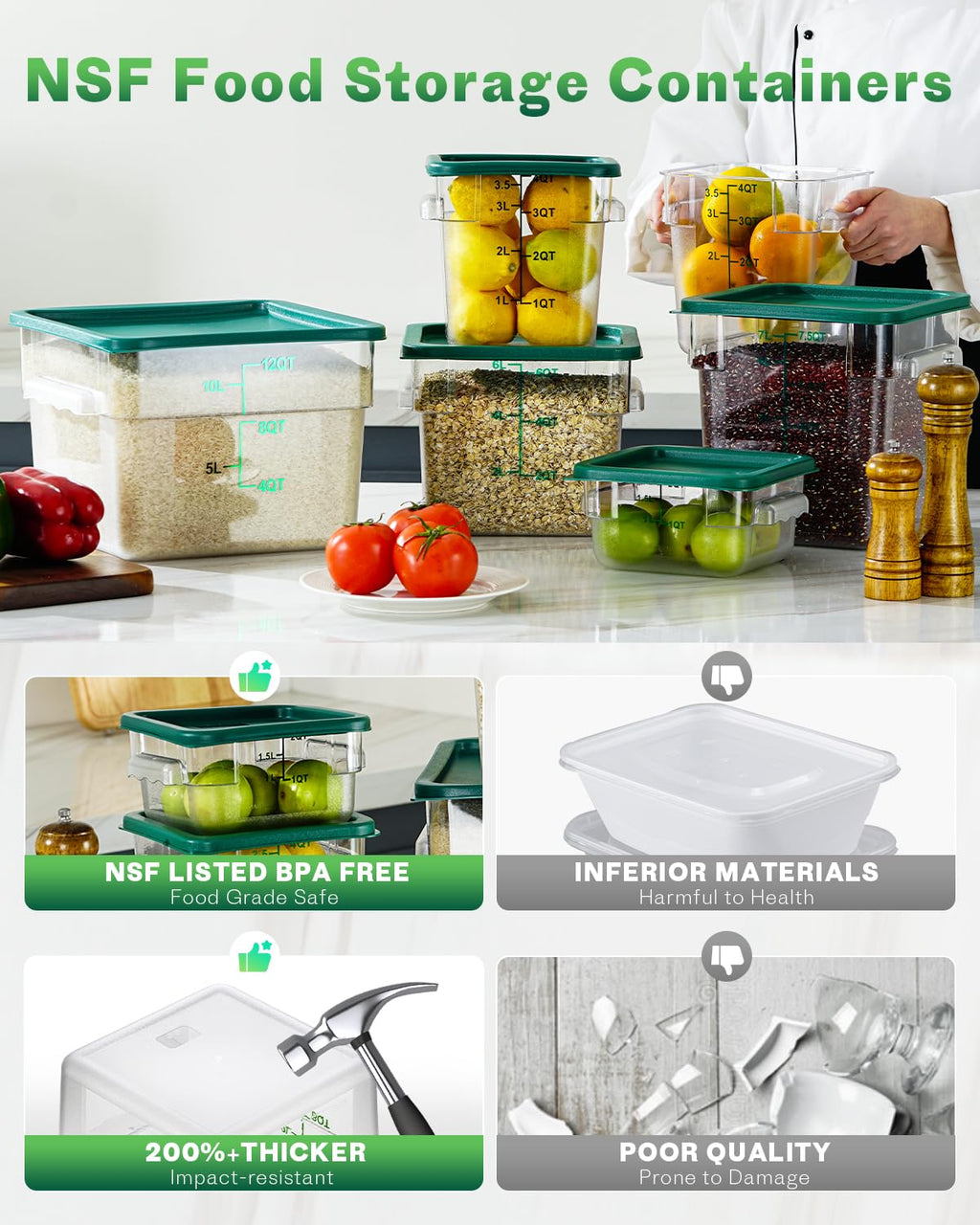 2QT 2PCS NSF Commercial Clear Food Storage Containers with Lids(GREEN)