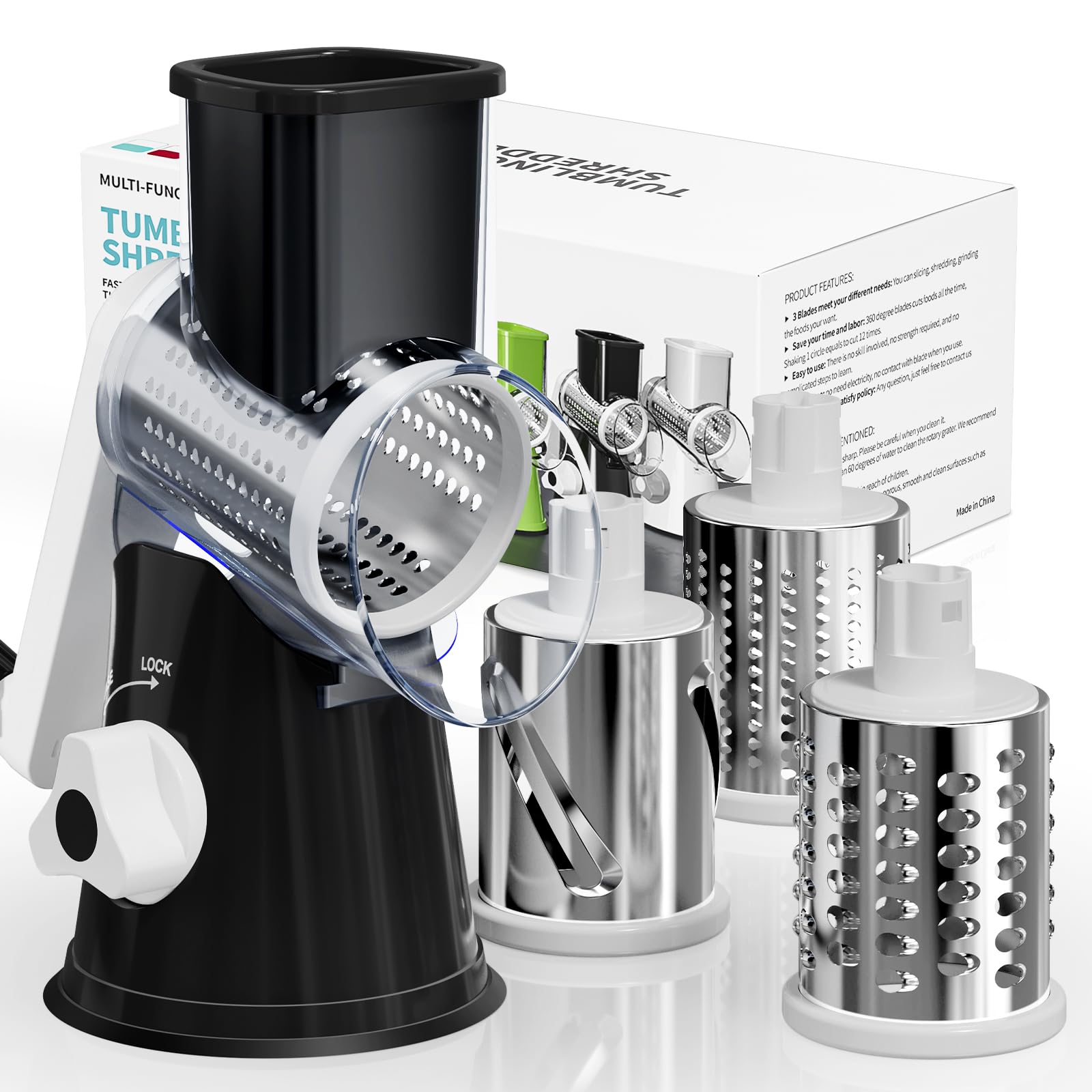 Cheese Grater Hand Crank, Rotary Cheese Shredder with 3 Interchangeable Blades for Coarse, Fine Shredding and Slicing, Strong Suction Base for Pizza, Pasta, Salad, Vegetables, Nuts, Chocolate