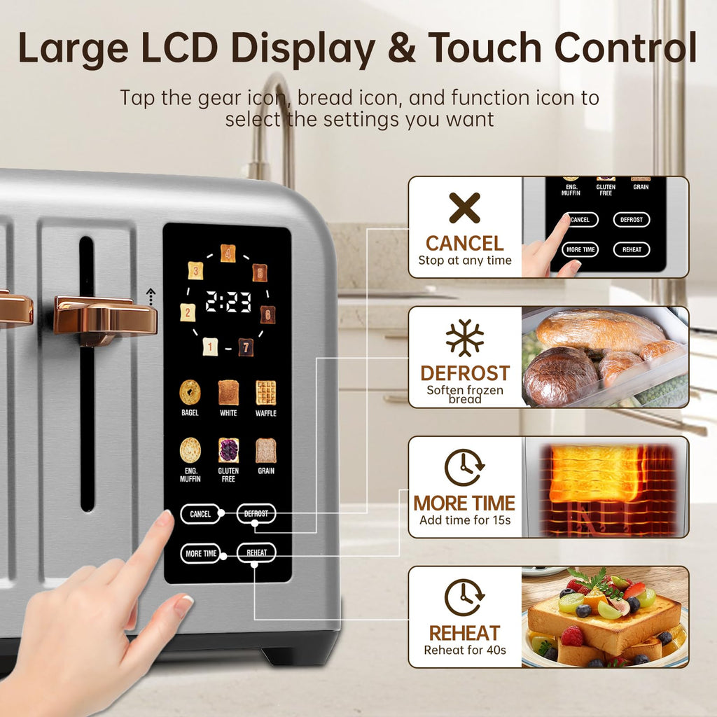 SEEDEEM 4-Slice Touchscreen Toaster, Stainless, 7 Shade, 1800W, Silver