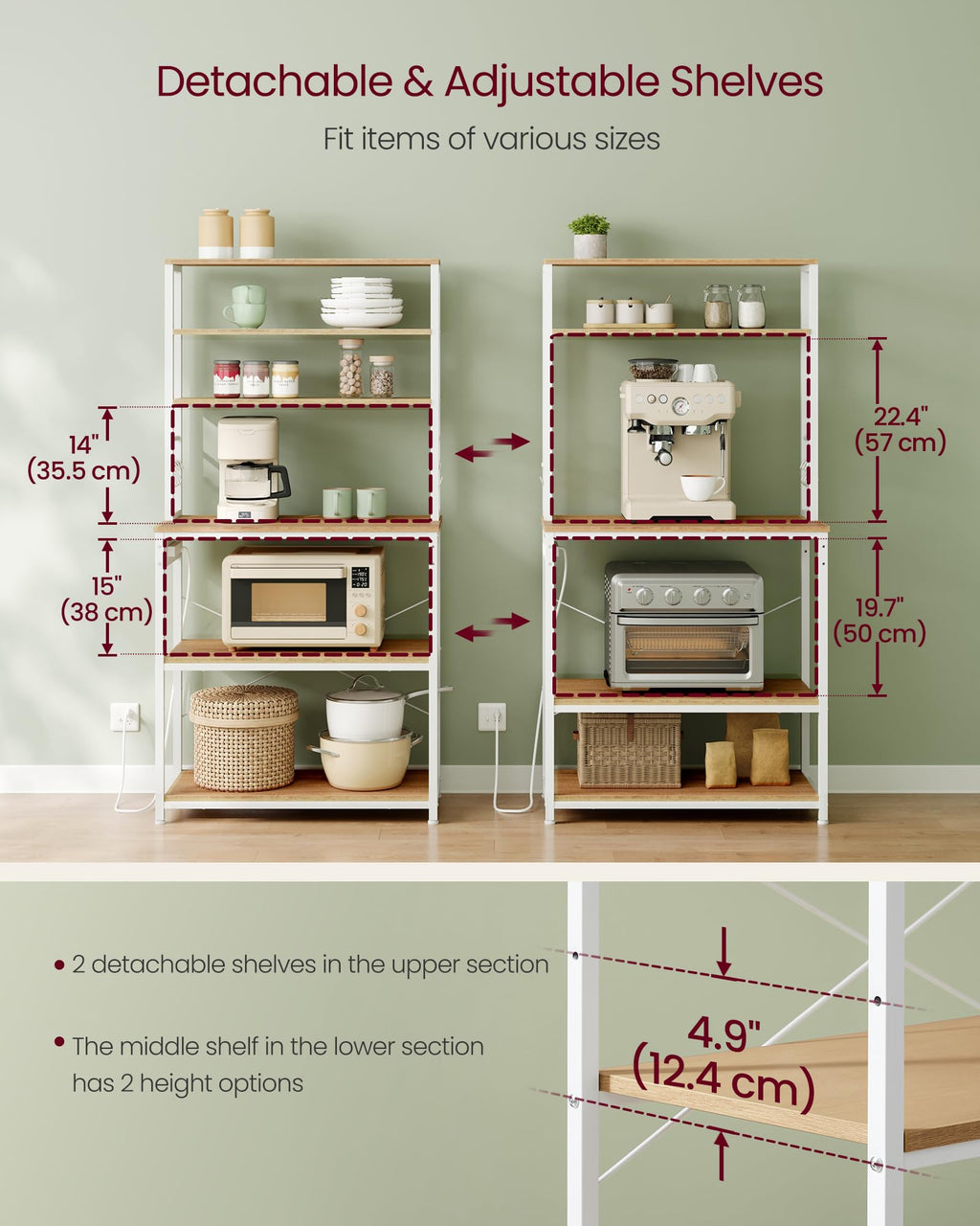 VASAGLE Bakers Rack with Power Outlet, 31.5 Inches Coffee Bar for Kitchen with Storage, 6-Tier Kitchen Shelves with 6 Hooks, Microwave Stand, Modern, Golden Oak and Cloud White UKKS119Y01