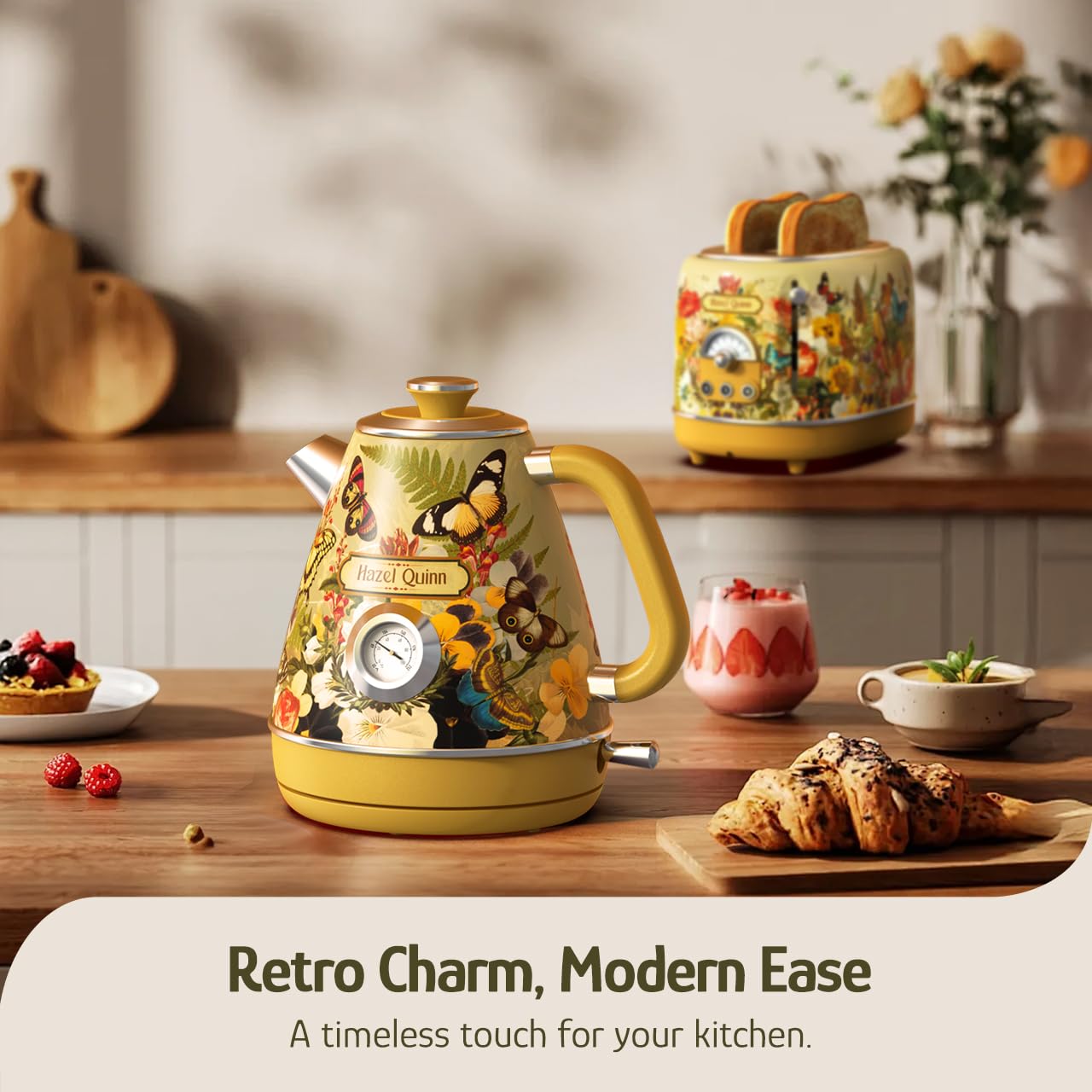 Hazel Quinn X Eduardo Recife Retro Electric Kettle with Thermometer, Floral