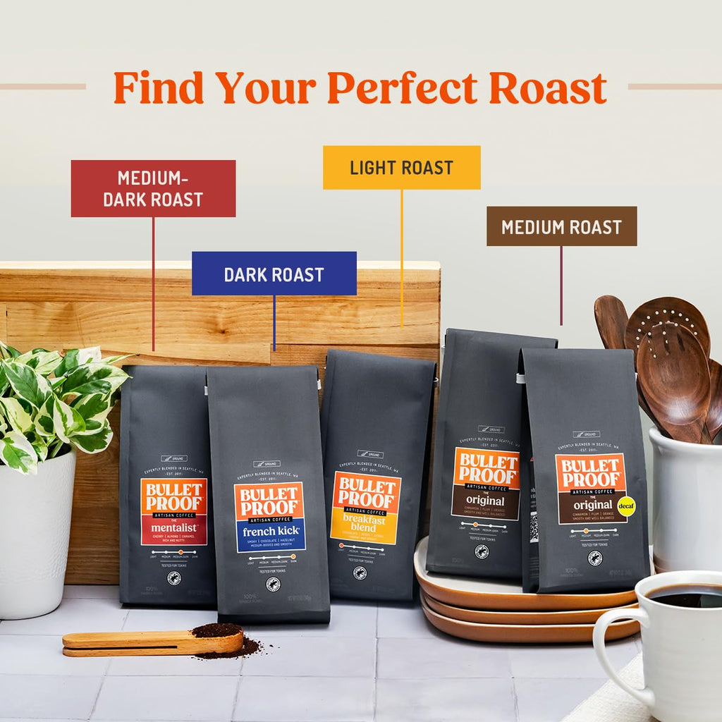 Bulletproof French Kick Dark Roast Ground Coffee, 12 Ounces, 100% Arabica Beans, Clean Coffee Tested for Toxins, Packaging May Vary