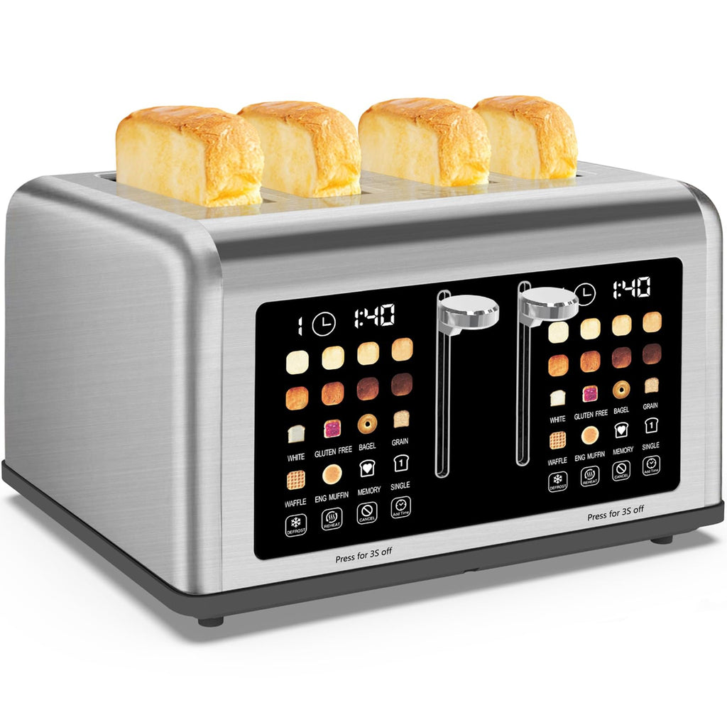 4 Slice Toaster Touch Screen, Stainless Steel Toasters Digital Timer, Dual Control Panel Toasters, 8 Shade Settings 6 Bread Types for Bagel, Cancel, Defrost 1650W Silver
