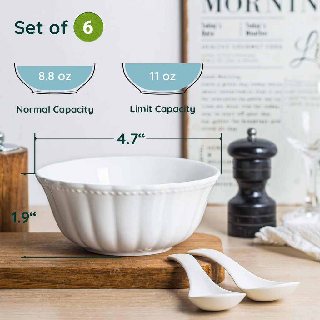 HOMBENE White Porcelain Fruit Bowls, 4.7 Inch Serving Bowls,Ice Cream Bowl, Kitchen Bowl Set, Microwave and Dishwasher Safe, Set of 6