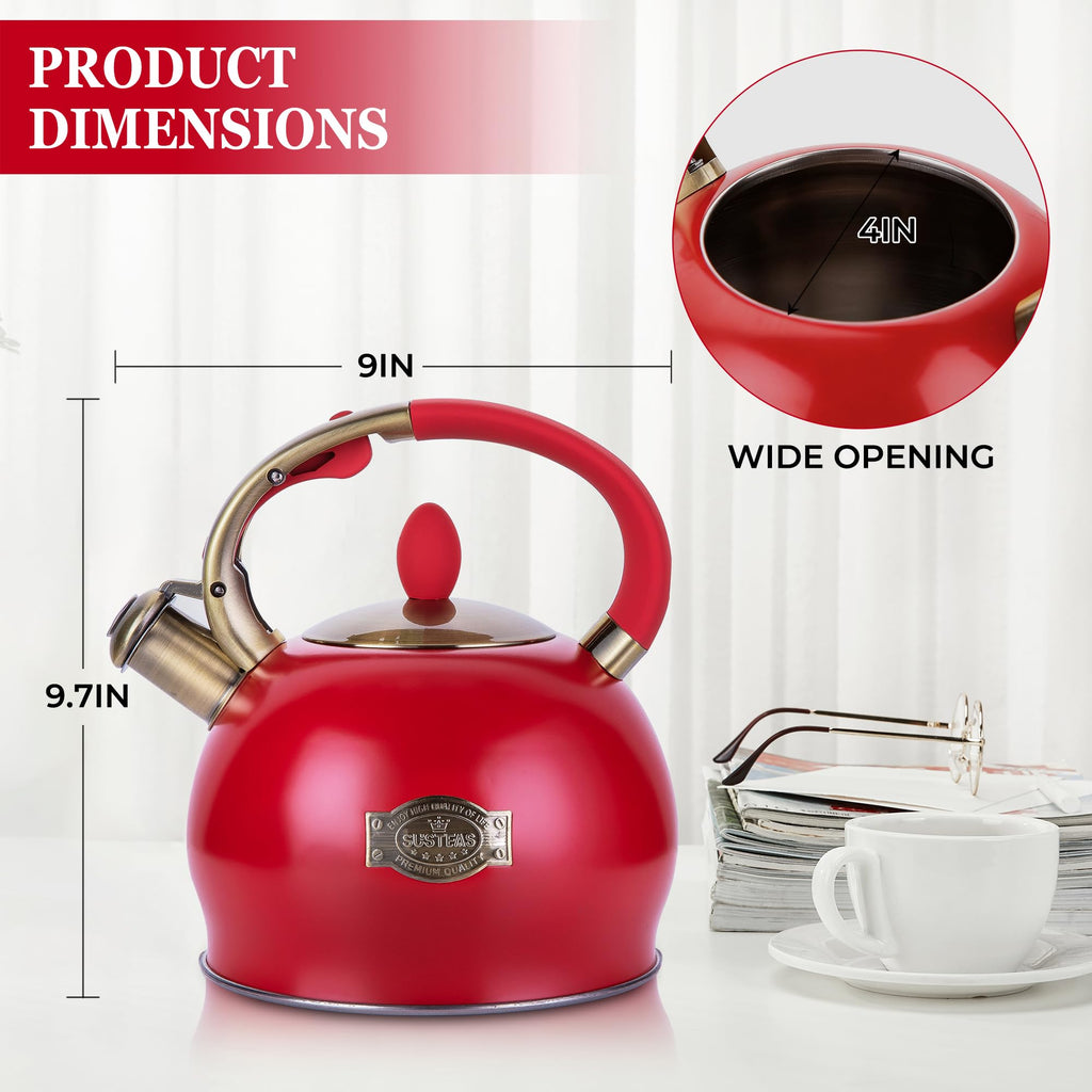 SUSTEAS Whistling Tea Kettle, 2.7QT Food Grade Stainless Steel Teapot, RED