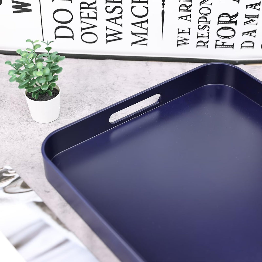 SforGUVA Square Navy Blue Decorative Serving Tray with Handles, Versatile Ottoman Tray for Coffee Table, Entertaining, Outdoor Patio, Living Room, 13”*13”*1.6”