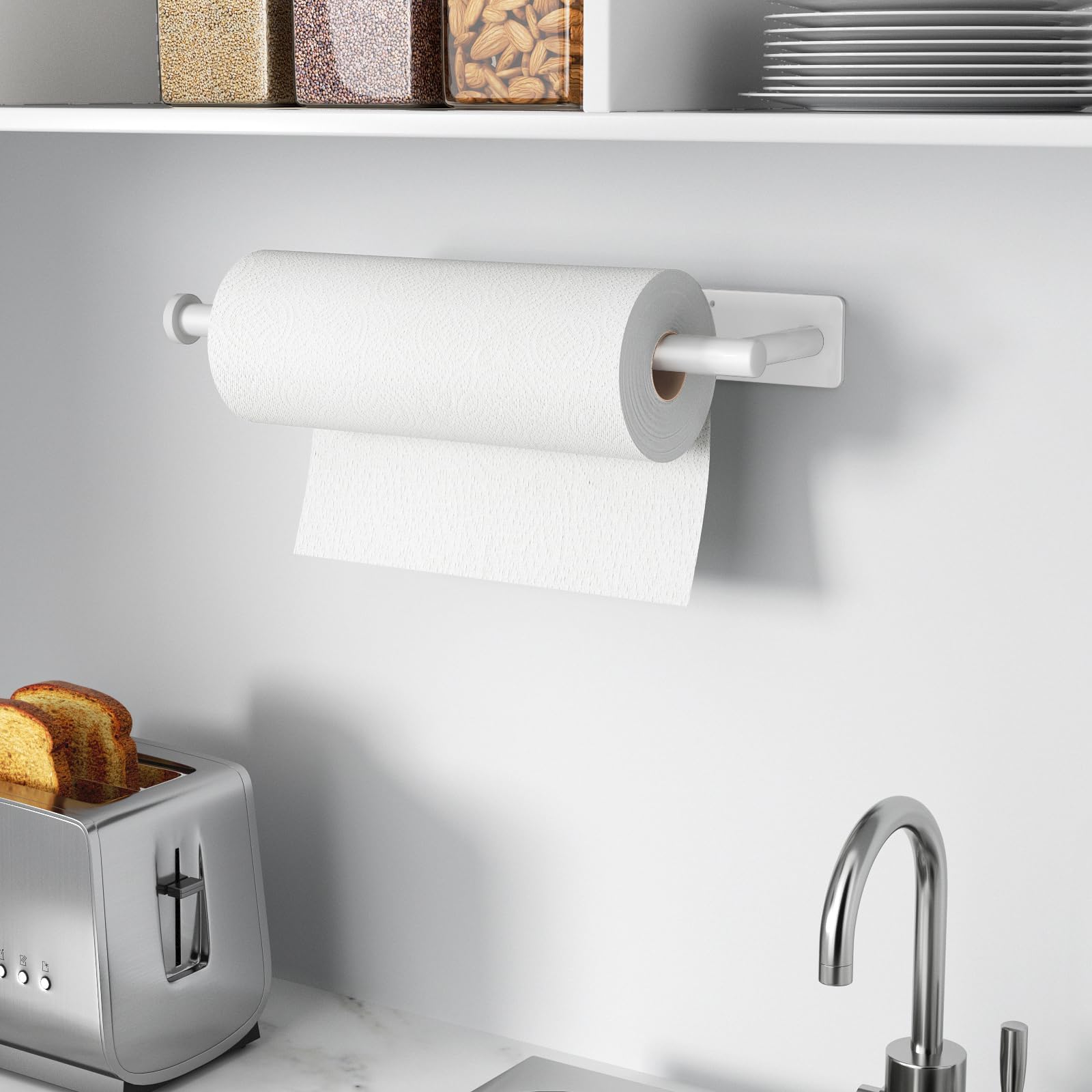 Paper Towel Holder,Self-Adhesive or Drilling， White, 1 Pack