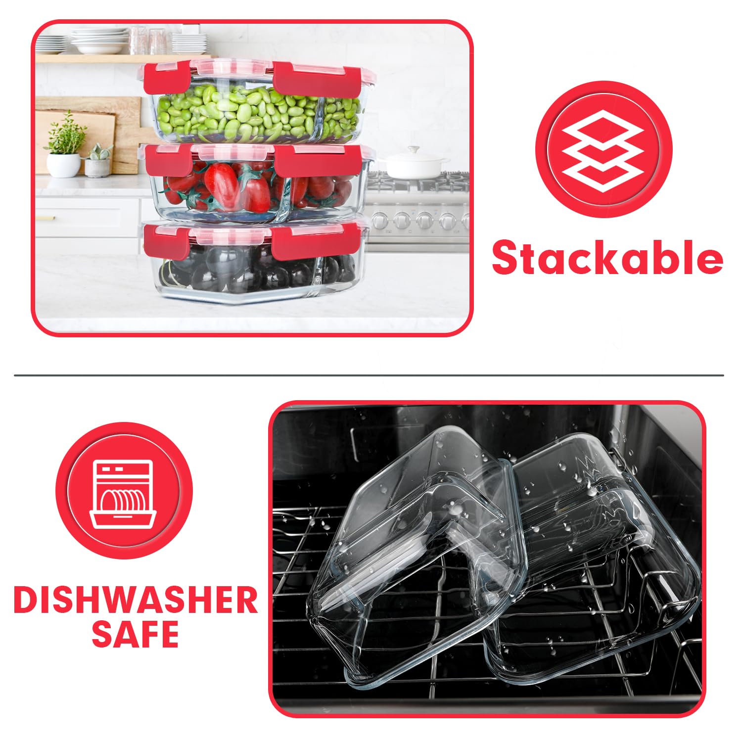 VERONES 10 PACK 30 OZ Glass Meal Prep Containers 2 Compartment Set, Red