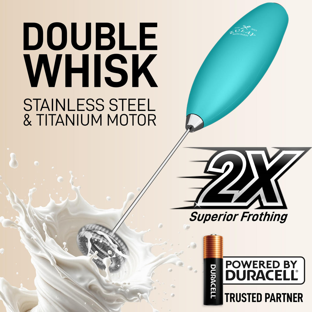 Zulay Kitchen Powerful Milk Frother Wand With Duracell Batteries - Ultra Fast Handheld Drink Mixer - Electric Whisk Foam Maker for Coffee, Lattes, Cappuccino & Matcha - Double Whisk - Caribbean Aqua
