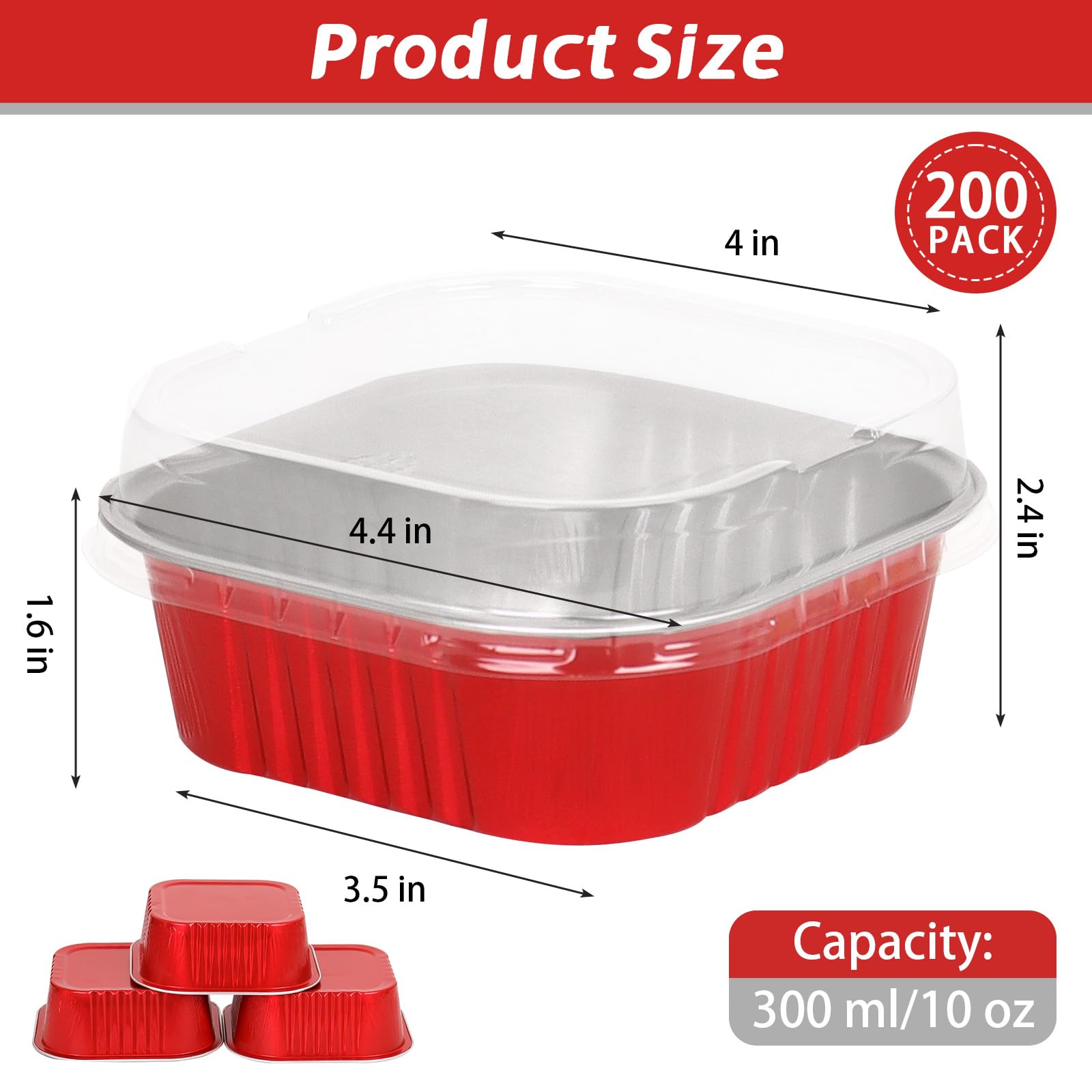 200 Pack 10 oz Square Mini Cake Pans with Lids, Disposable Aluminum Foil Baking Cups for Brownies, Cupcakes, Cheesecake & Catering (Red)