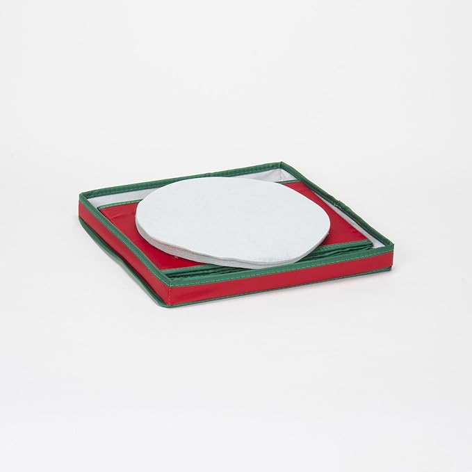 Household Essentials 536RED Holiday China Storage Chest with Lid and Handles | Dinner Plate | Red Canvas with Green Trim