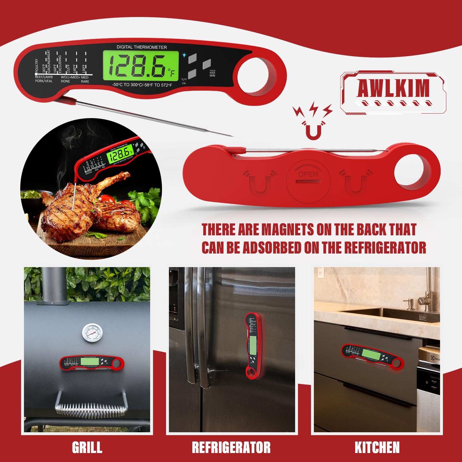 AWLKIM Meat Thermometer Digital, Instant Read Food Thermometer, Red