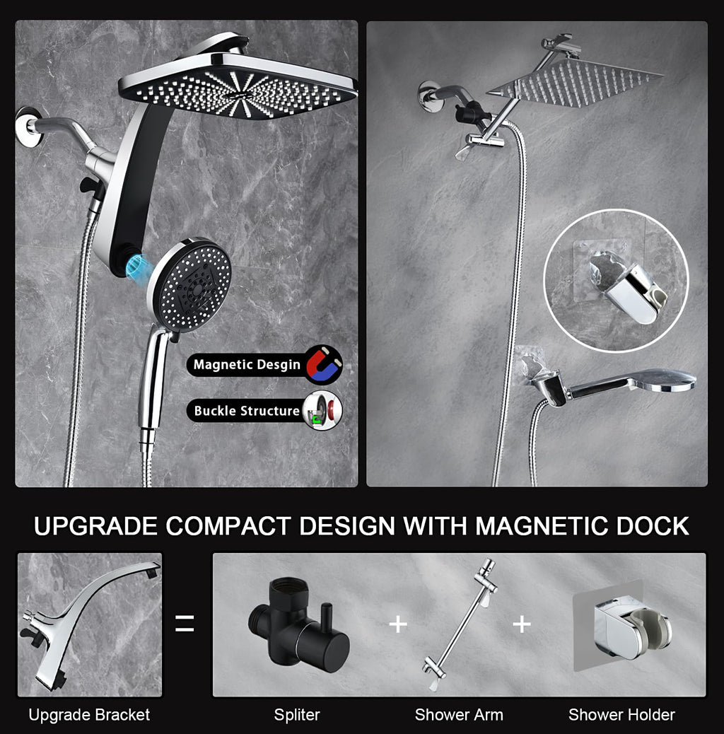 12" High Pressue Rain Shower Head with Handheld, 9 Sprays Hand Showerhead