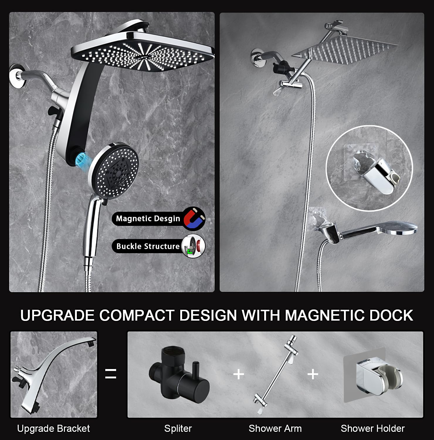 12" High Pressue Rain Shower Head with Handheld, 9 Sprays Hand Showerhead