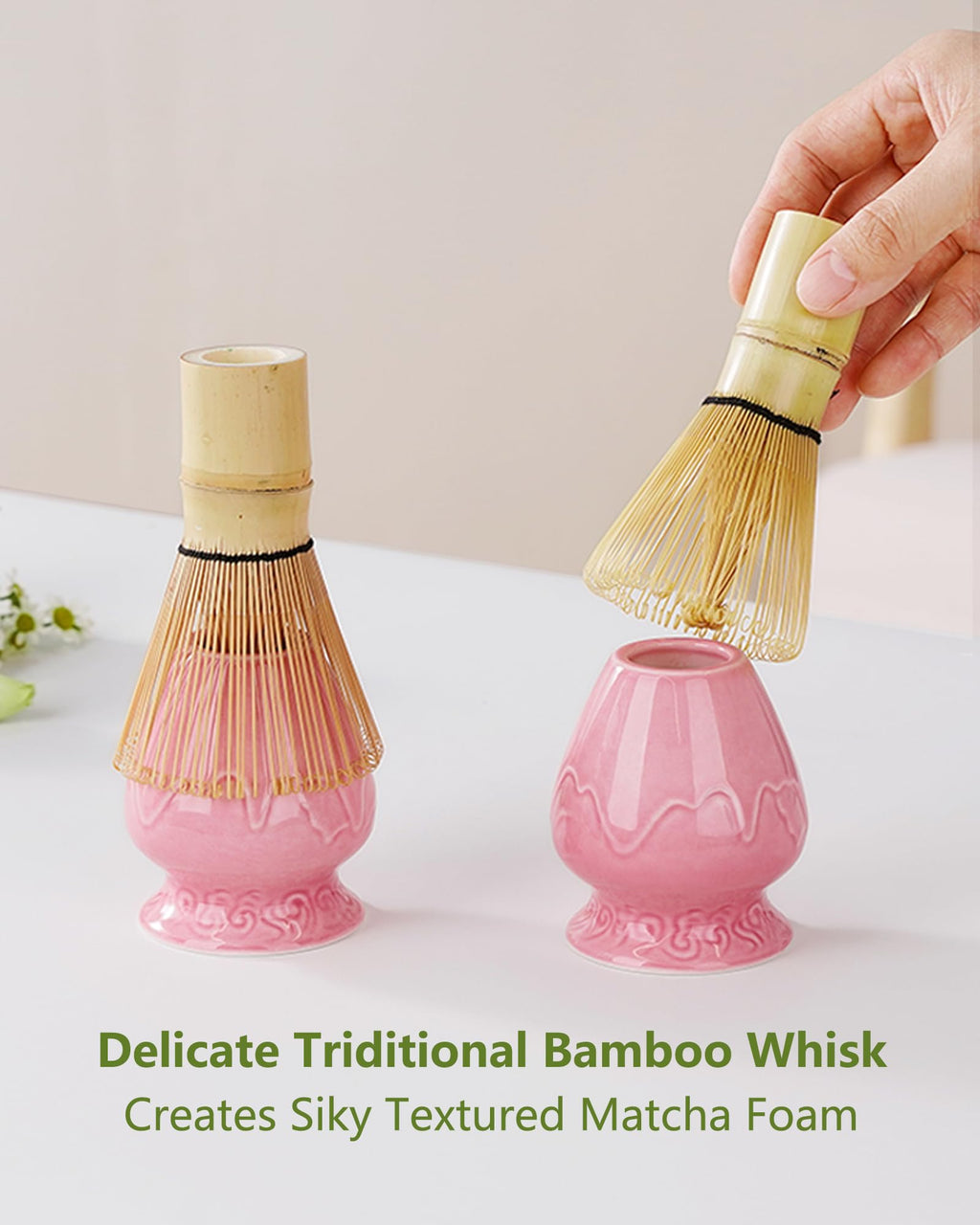 ZENS Premium Matcha Whisk Set with Blooming Cup, 7pcs Matcha Set, Pink