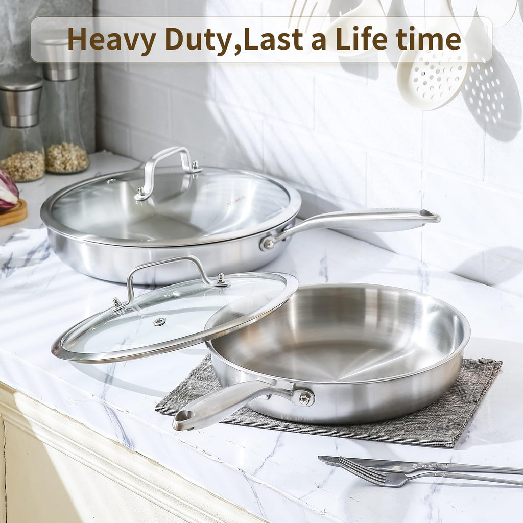 DELARLO Tri-Ply Stainless Steel Pan,18/10, 12"+Lids