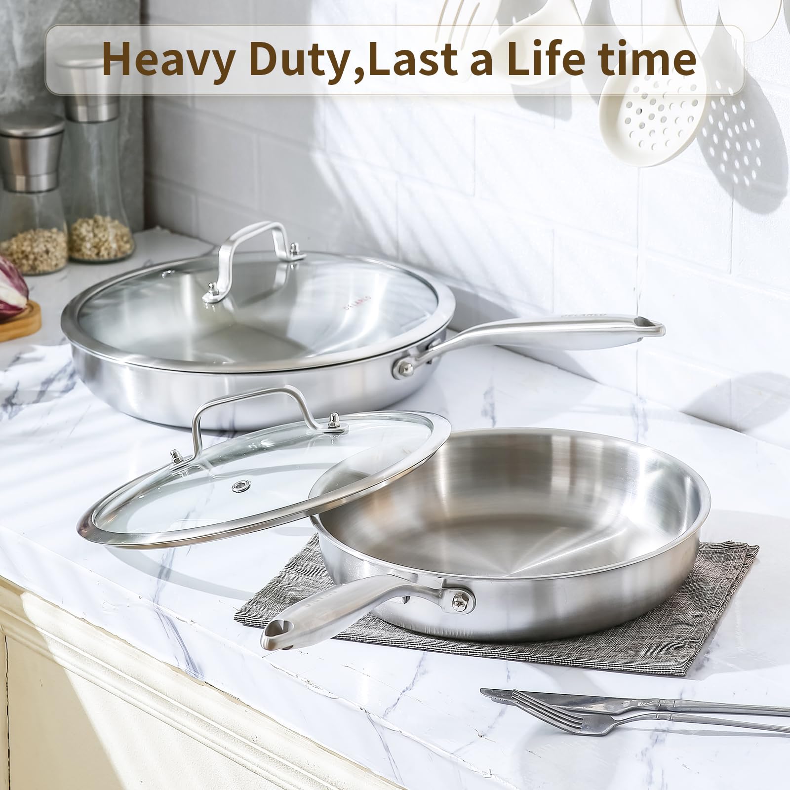 DELARLO Tri-Ply Stainless Steel Pan,18/10, 12"+Lids