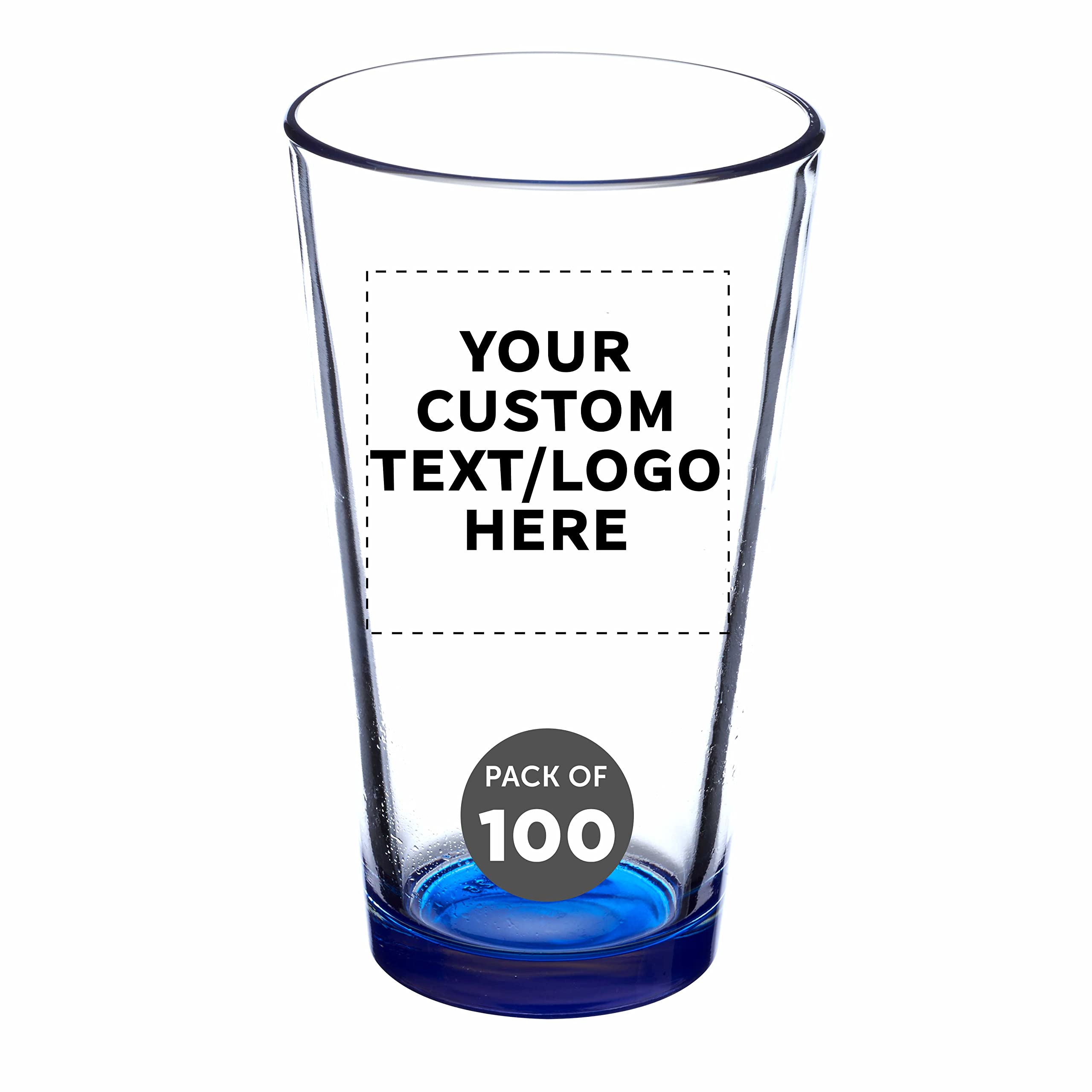 Custom Pint Glass 16 oz. Set of 100, Personalized Bulk Pack - Beer Glasses, Heavy Duty Drinkware - Blue