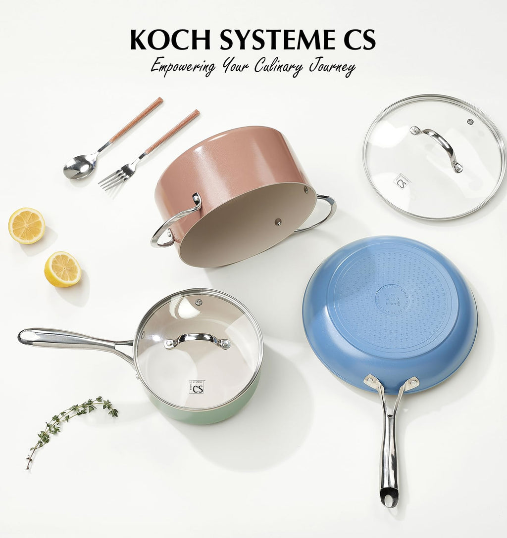 KOCH SYSTEME CS 10 Inch Frying Pan with Lid, Ceramic Nonstick Frying Pan with Stay-Cool Stainless Steel Handle, 10 Inch Skillet, Omelet Pan with Nonstick Ceramic Coating, PFOA Free, Oven Safe, Blue