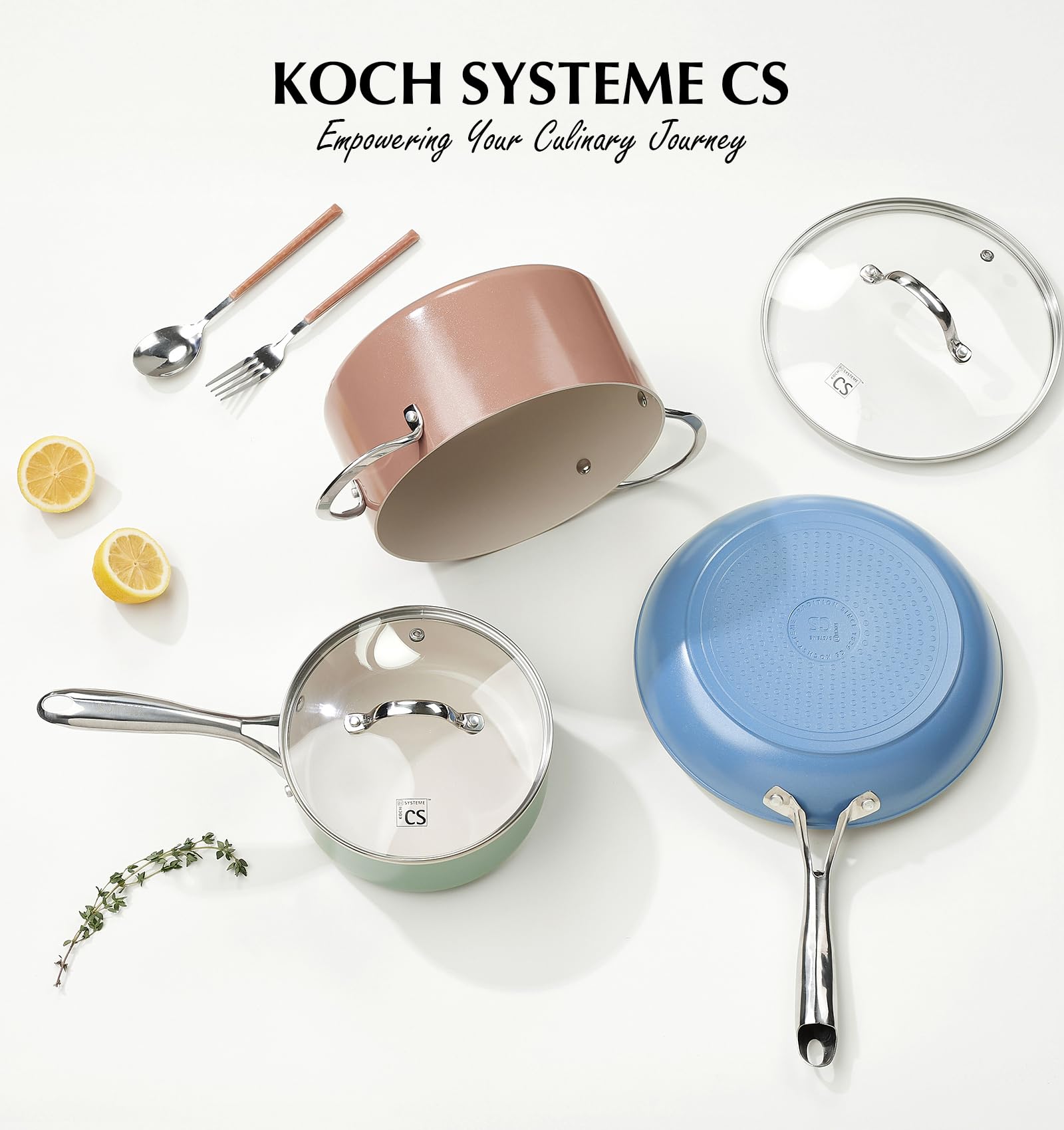 KOCH SYSTEME CS 10 Inch Frying Pan with Lid, Ceramic Nonstick Frying Pan with Stay-Cool Stainless Steel Handle, 10 Inch Skillet, Omelet Pan with Nonstick Ceramic Coating, PFOA Free, Oven Safe, Blue