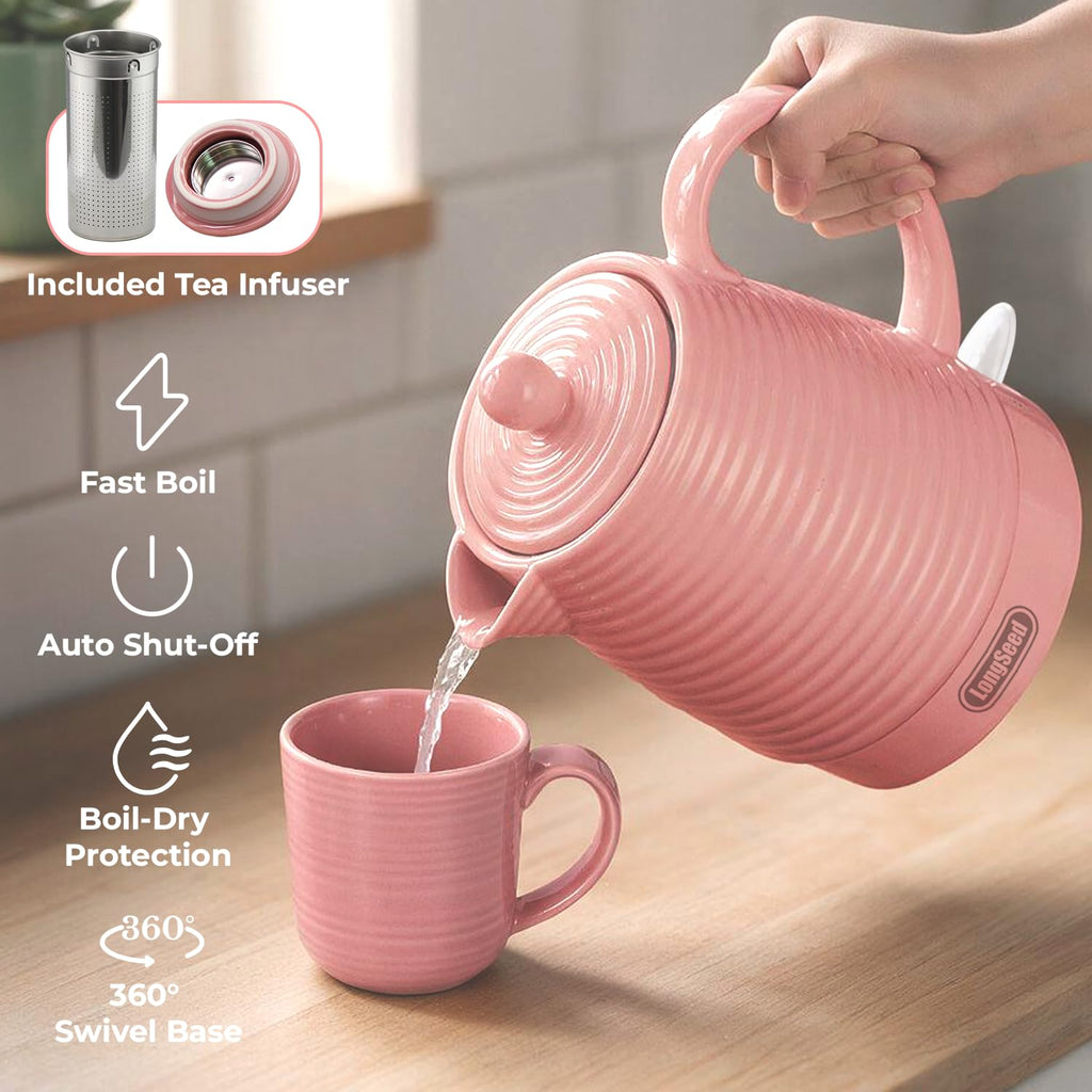 LONGSEED 1.2 Liters Ceramic Electric Kettle with Infuser & Mug Set, 1000W Fast Boil Water for Tea and Coffee, Teapot with Boil-Dry Protection and Auto Shut-Off, Detachable Swivel Base