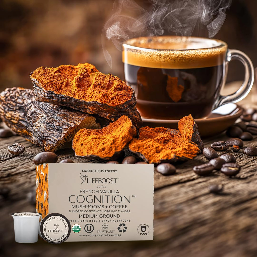 Lifeboost French Vanilla Cognition Mushroom Coffee Pods - Low Acid Organic K-Cups with Lion’s Mane & Chaga Nootropic Mushrooms for Focus, Energy & Immune Support - 10 Count
