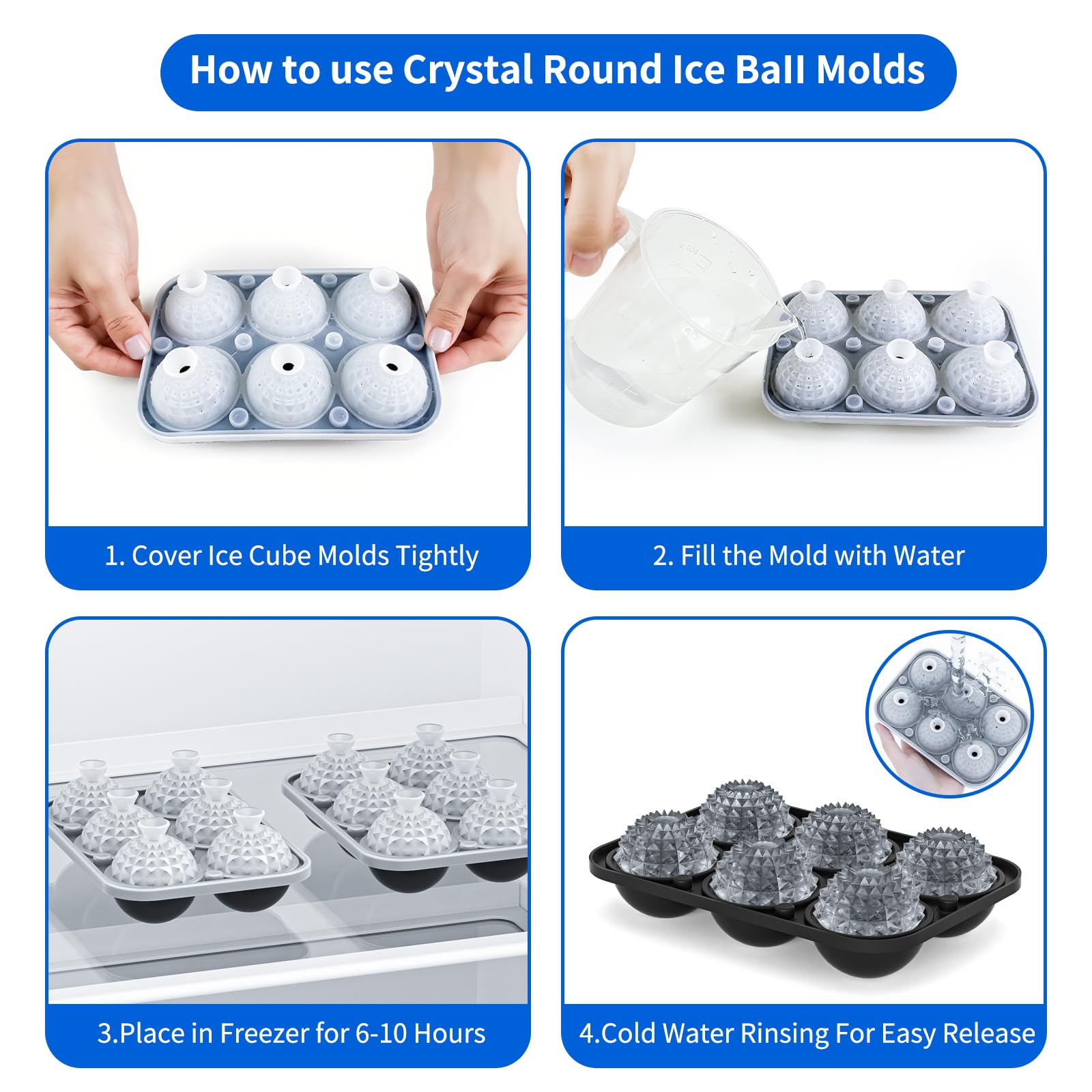 6 Chamber 1.83” 3D Crystal Round Ball Ice Cube Tray With Funnel,Large Circle Ice Molds Silicone Fun Shapes Whiskey Sphere Ice Tray,For Chilling Whiskey,Cocktails,Bourbon,Brandy and Beverages
