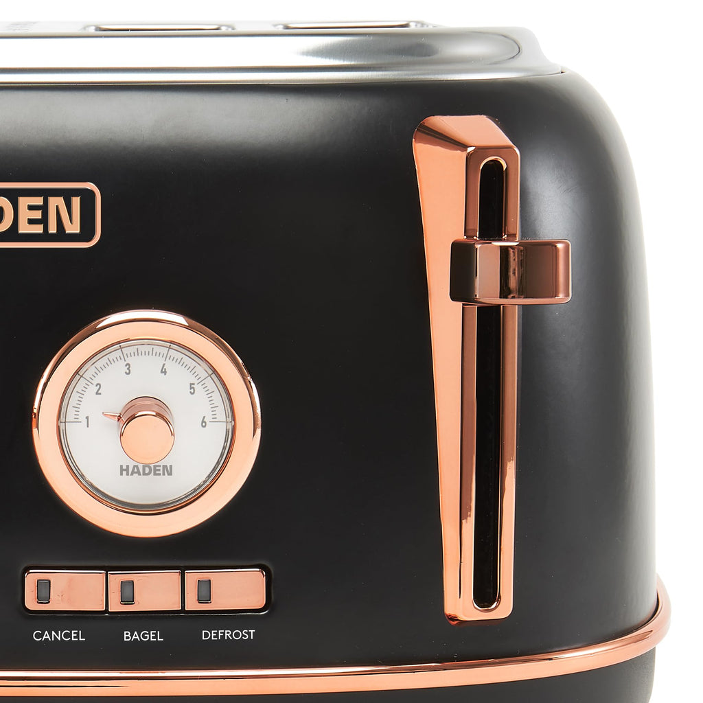Haden Dorset 4 Slice Wide Slot Stainless Steel Toaster with Adjustable Browning Control & Non-Slip Feet, Black & Copper