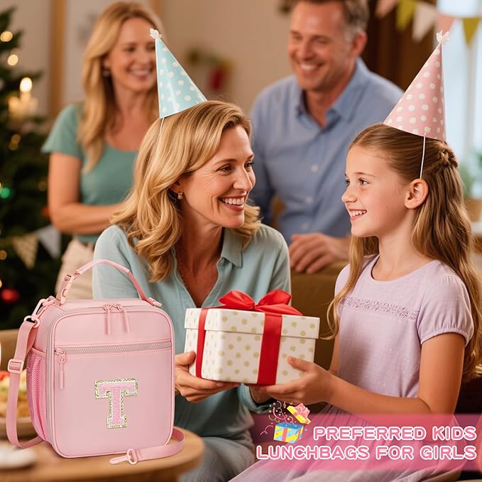 Initial Insulated Lunch Bag for Girls Kids, Back to School Gift, Reusable Leak-proof Lunch Box with Adjustable Strap for School Daycare Travel Picnic (Pink,T)