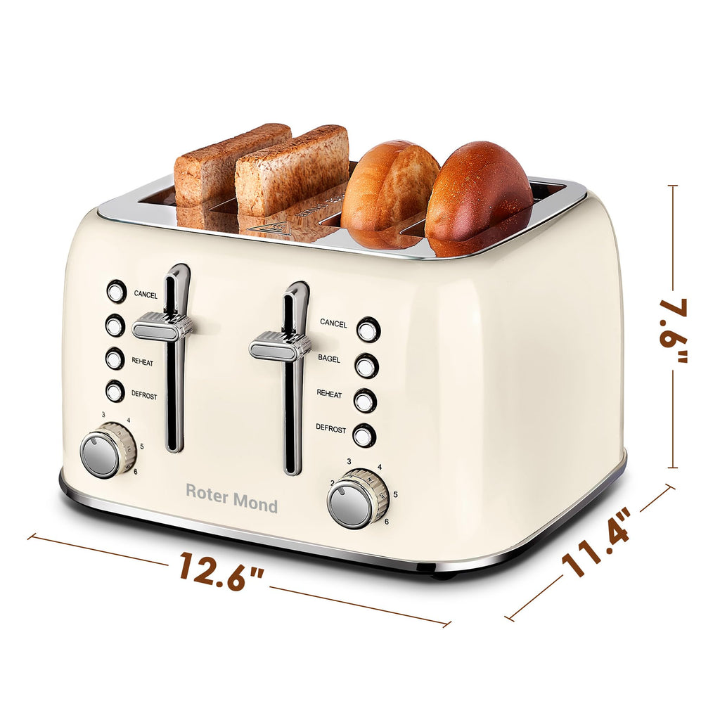 Roter Mond Toaster 4 Slice Retro Stainless Steel with Extra Wide Slots Bagel, Defrost, Reheat Function, Dual Independent Control Panel, Removable Crumb Tray, 6 Browning Levels, Cream White
