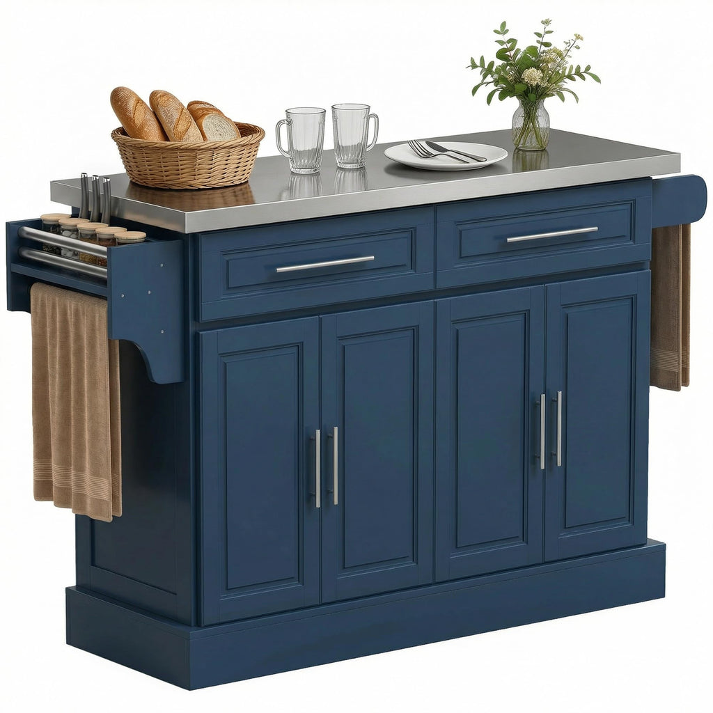 HOMCOM Rolling Kitchen Island Cart with 47" Stainless Steel Top Navy Blue