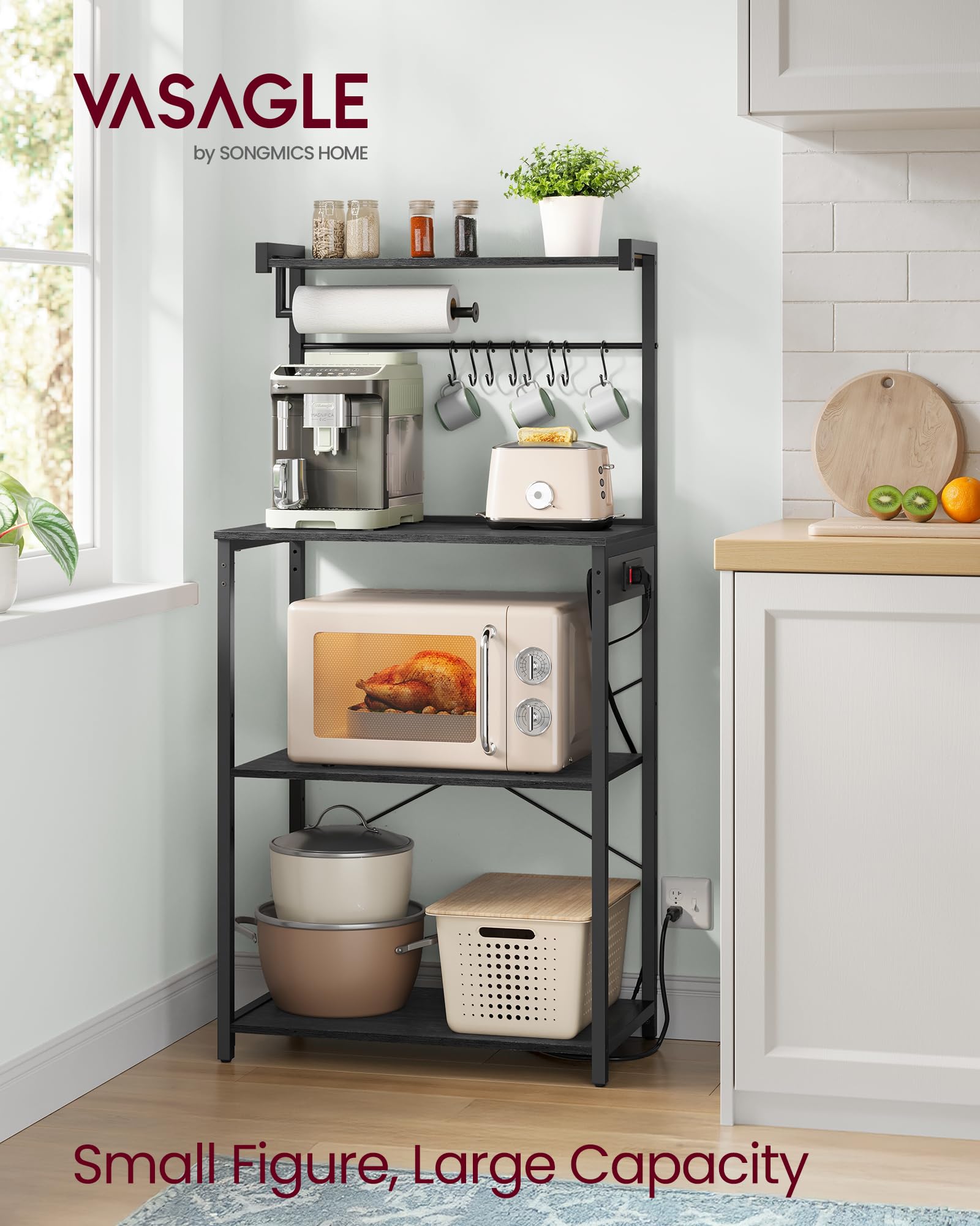 VASAGLE BARNET Collection - Kitchen Bakers Rack with Power Outlet, 23.6-Inch Wide Coffee Bar 4-Tier with 8 S Hooks, Modern Microwave Stand, Adjustable Shelf, Charcoal Gray and Ink Black UKKS014B01V1