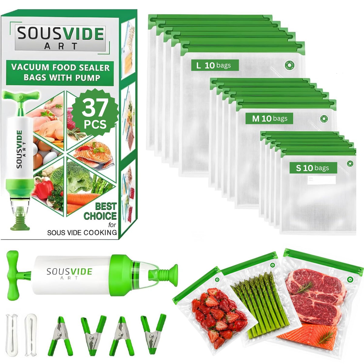 SOUSVIDE ART Sous Vide Cooker Kit - 1000W Immersion Circulator - 15 Vacuum Bags, Pump, Digital Timer and Temperature Control; Complete Sous Vide Machine Cooking Kit for Home Chefs and Beginners