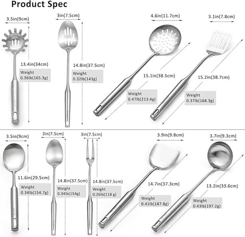 18/10 Stainless Steel Cooking Utensils Set 9 Pack Metal Kitchen Utensil, Spatula, Serving Soup spoon, Leaking shovel, Ladle, Tunner, Pasta Server, Meat Fork Kitchen Tools Set