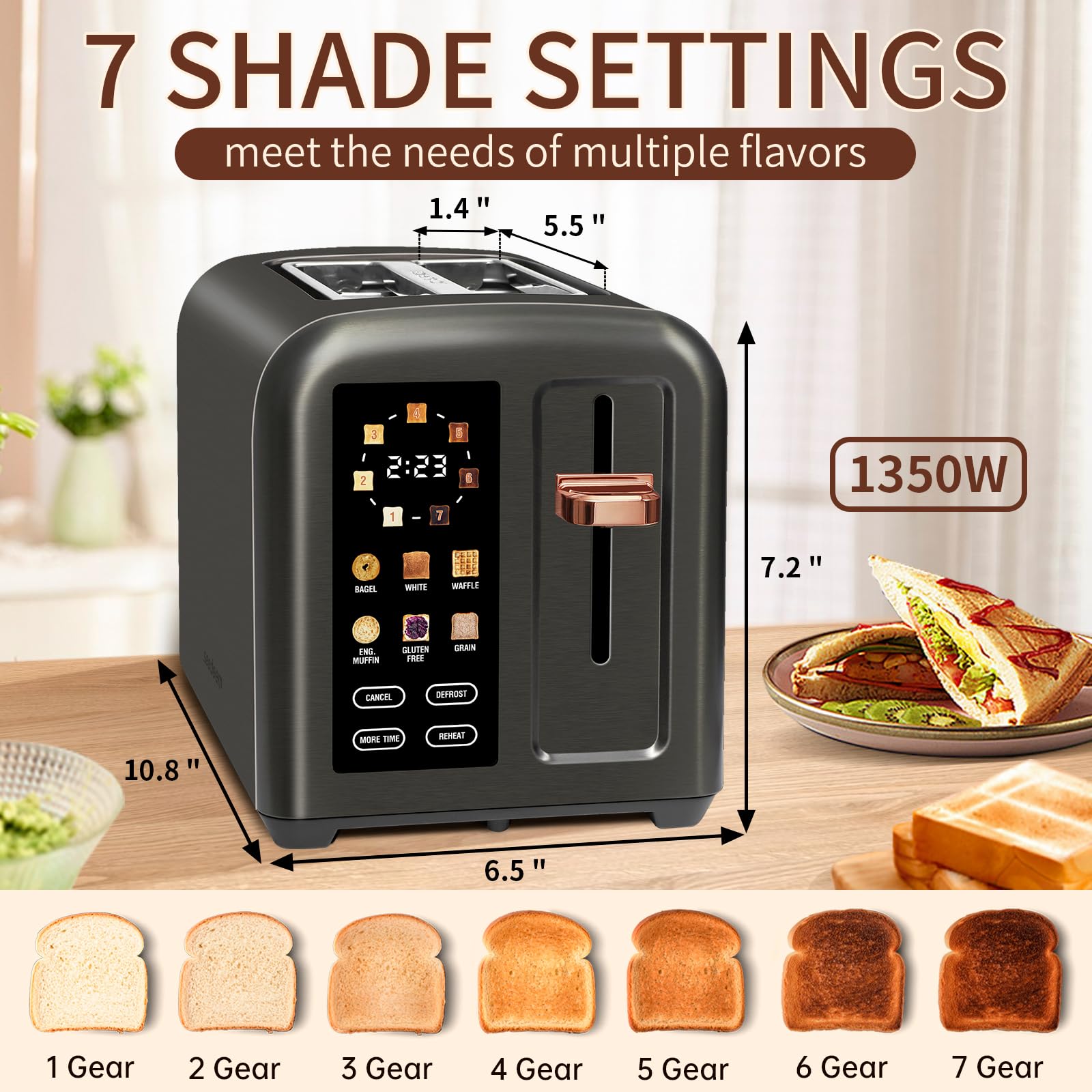 SEEDEEM Touchscreen Toaster 2 Slice, 7 Shade, Stainless, 1350W Dark Metallic