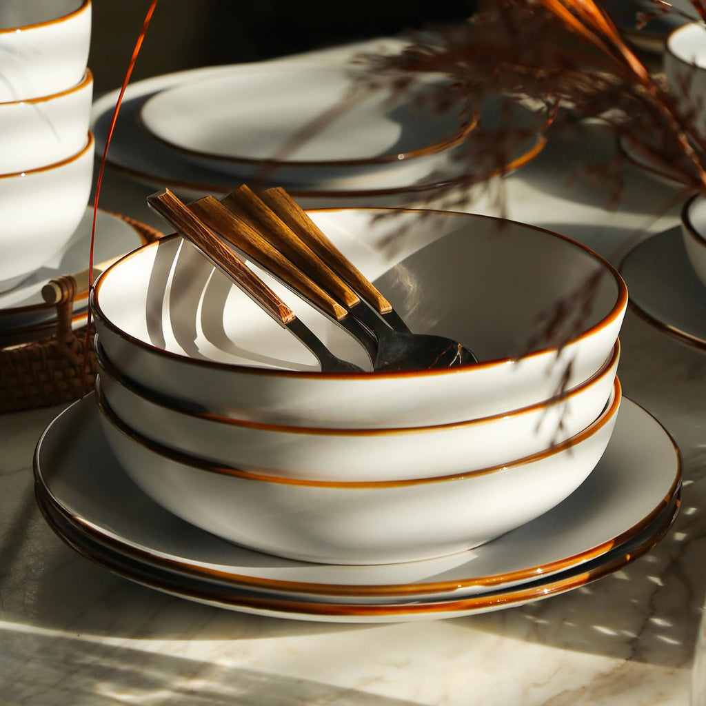 Stone Lain Brasa Stoneware 16 Piece Modern Dinnerware Sets, Plates and Bowls Service for 4, White, Microwave & Dishwasher Safe
