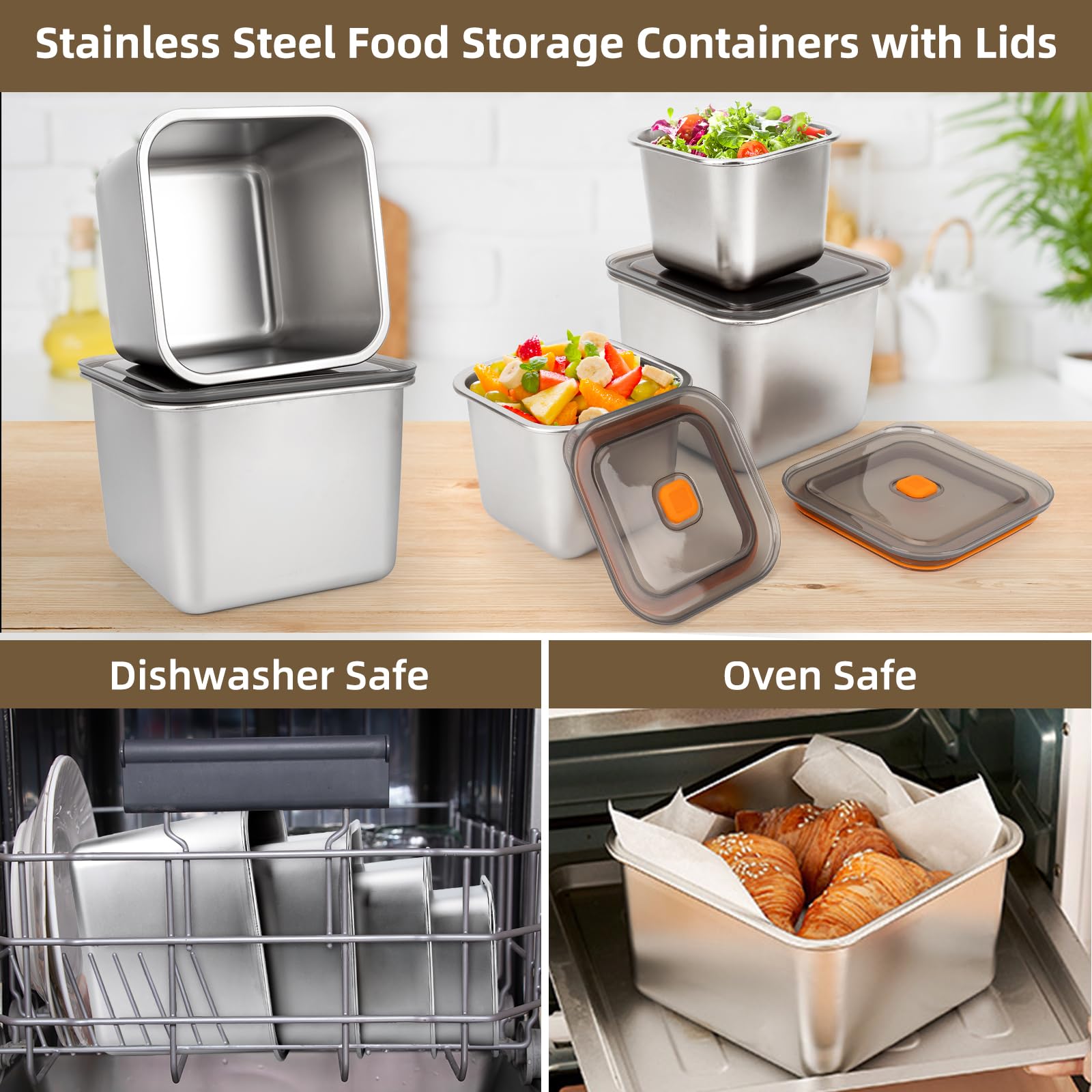 fecoqi 2 PCS Stainless Steel Food Storage Containers(47oz) with Lids Leak Proof & Airtight | Square Stainless steel freezer Containers,For Meal Prep,Fruit,Snack,Freezer
