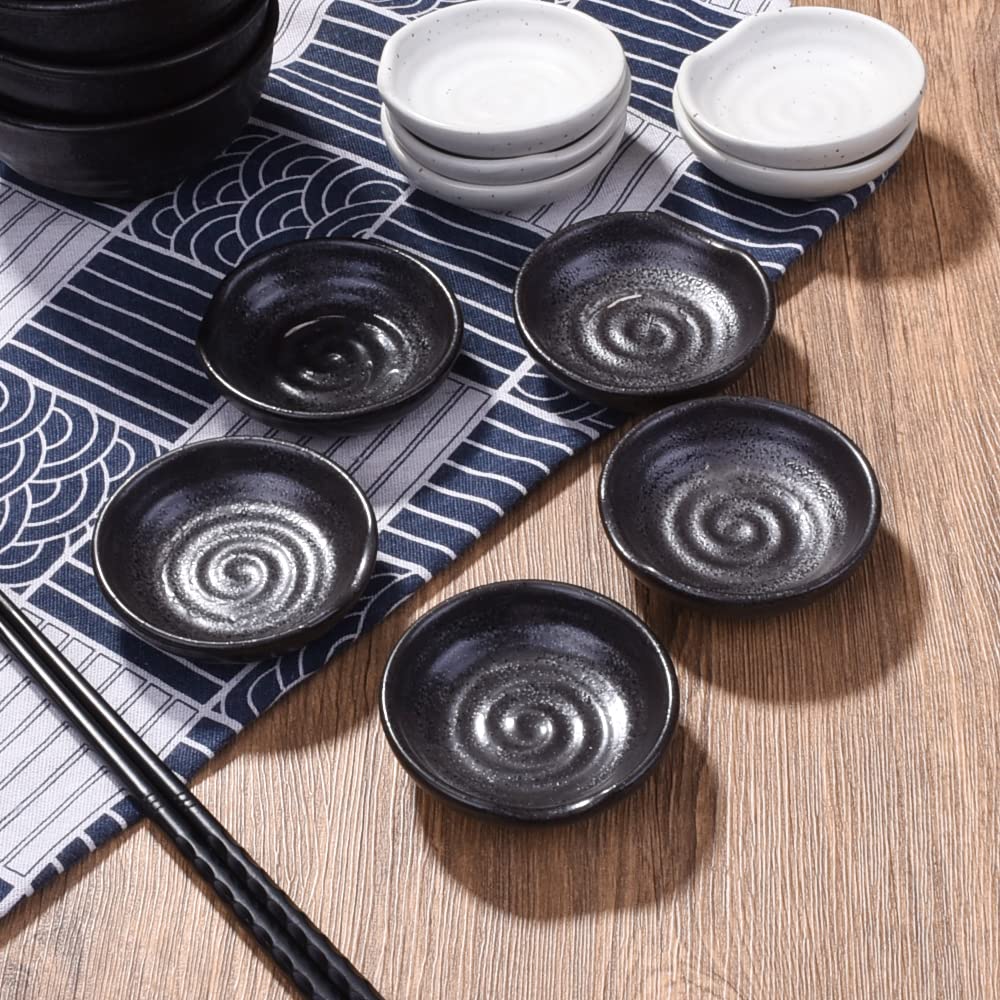 Swlthwen 3.1 Inch Porcelain Side Dish Bowl Seasoning Dishes Soy Sauce Dishes Dipping Sauce Bowls-Set of 5,Soy Sauce Dish with Mouth (Black)