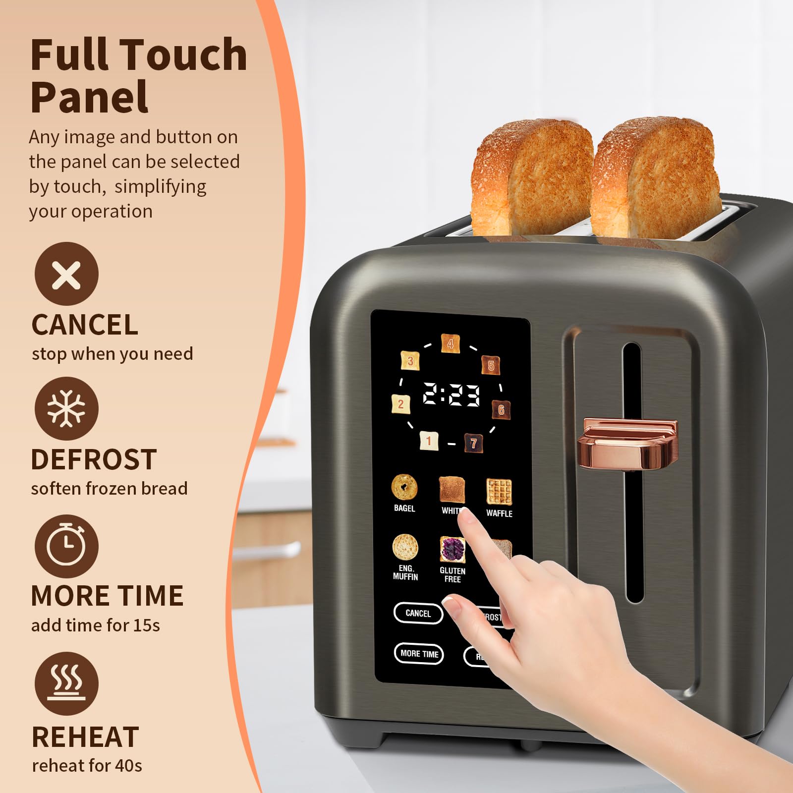 SEEDEEM Touchscreen Toaster 2 Slice, 7 Shade, Stainless, 1350W Dark Metallic