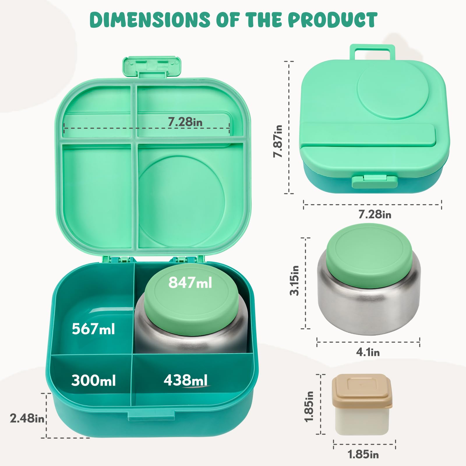 BOSEDSANG Bento Lunch Box with 12oz Soup Thermo,4 Compartments Lunch Box Containers, Spoon&Sauce Jar, BPA Free&Leak proof,Insulated Food Jar for Travel (Green)