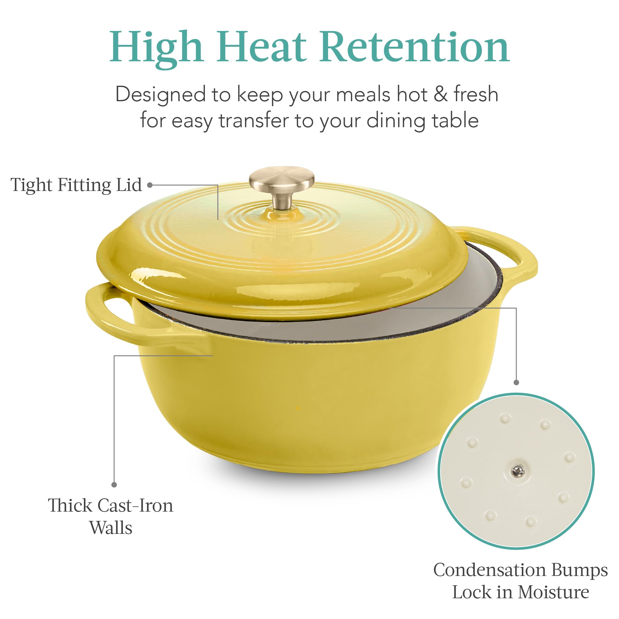 Best Choice Products 6 Quart Enamel Cast-Iron Round Dutch Oven, Family Style Heavy-Duty Pre-Seasoned Cookware for Home, Kitchen, Dining Room, Oven Safe w/Lid, Dual Handles - Lemon Meringue