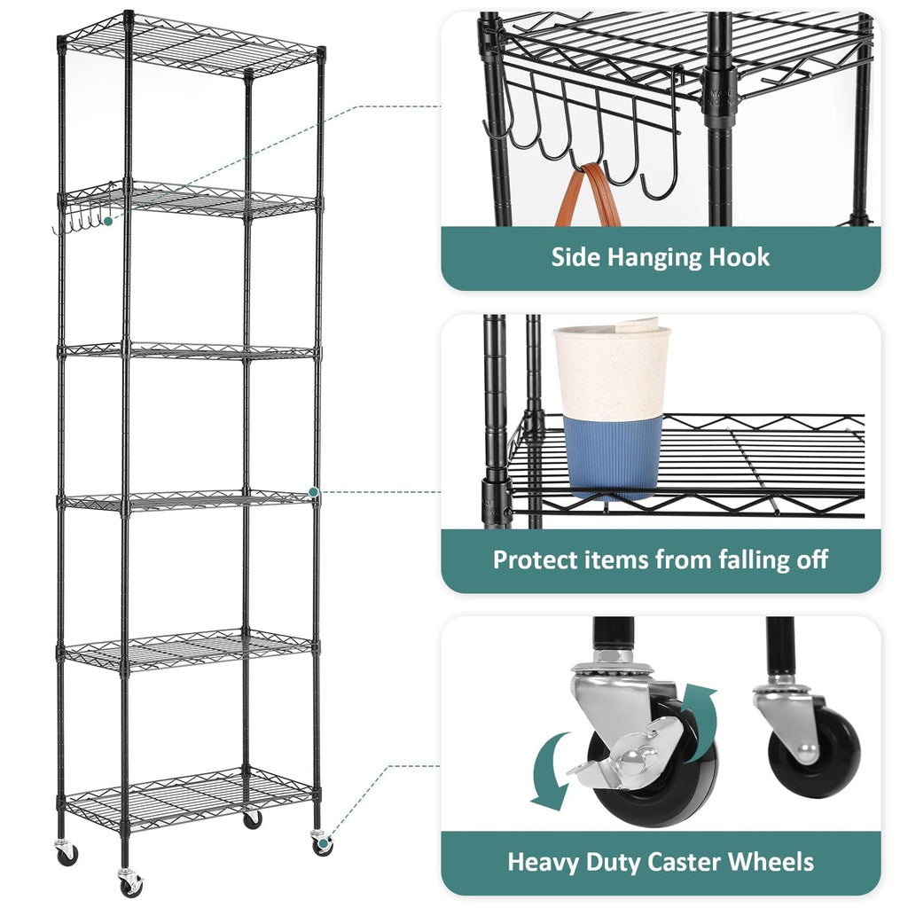 Himimi 6-Tier Storage Shelf Units, Adjustable Wire Shelving with Wheels, Metal Shelves with Stainless Side Hooks, Free Standing Shelving for Laundry Bathroom Kitchen Pantry Closet, Black