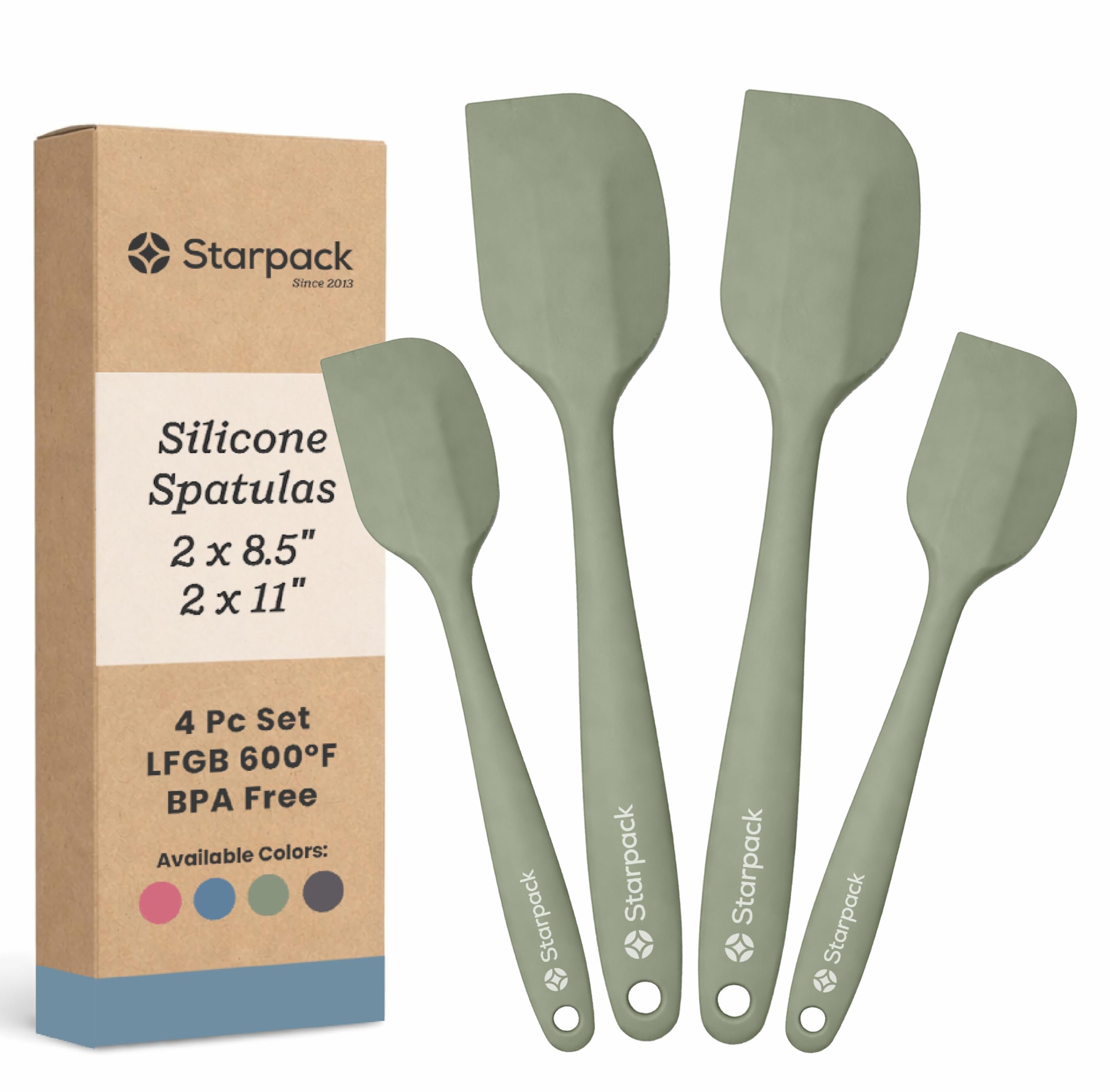 Starpack 'Scrape and Stir' Silicone Rubber Spatula Set (4-Piece) - LFGB Non Toxic, 600°F Heat Resistant, BPA-Free, One-Piece Kitchen Baking Spatulas - Dishwasher Safe for Nonstick Cookware Sage Green